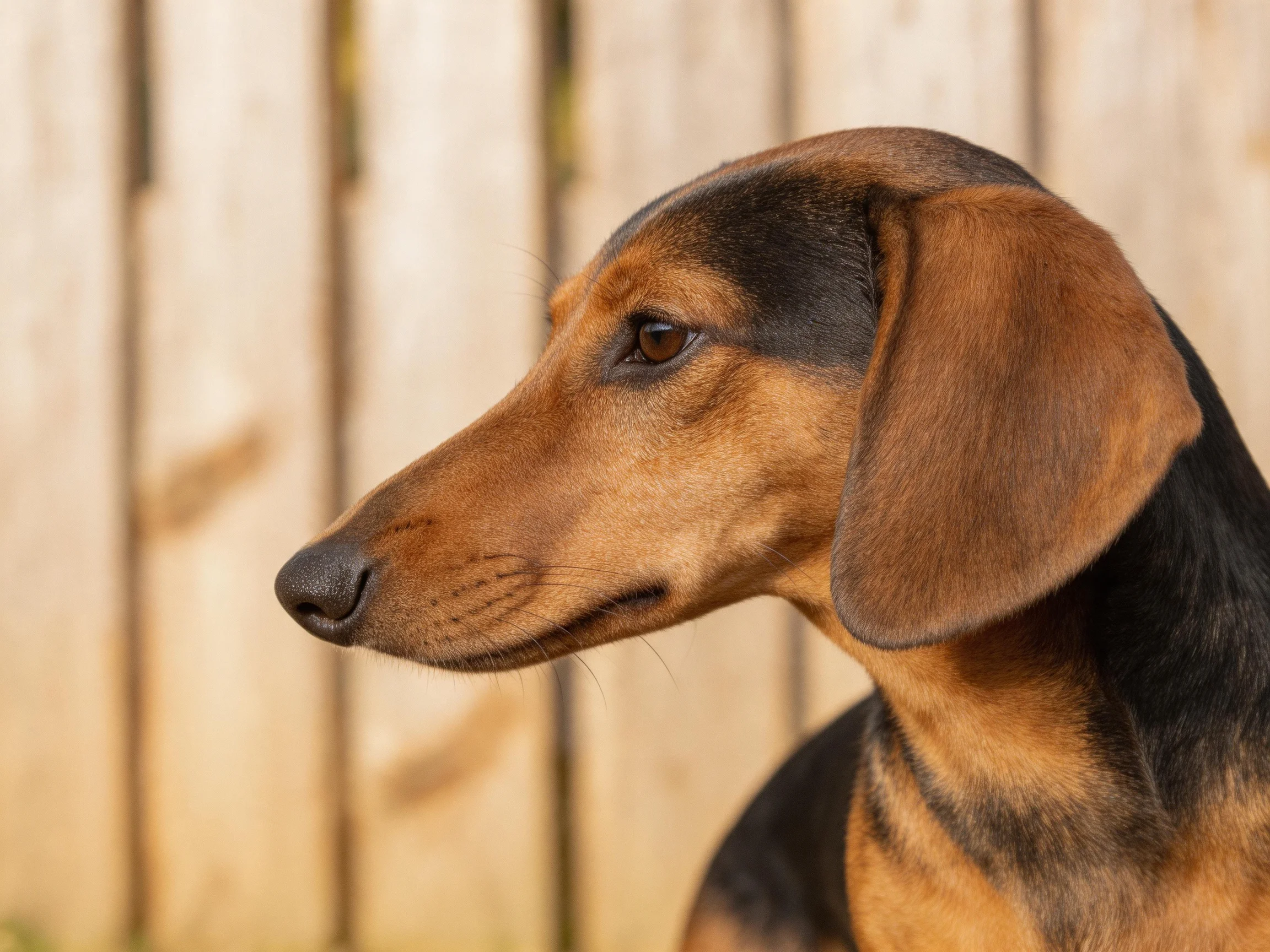 A brown and black dog gazes near a wooden fence