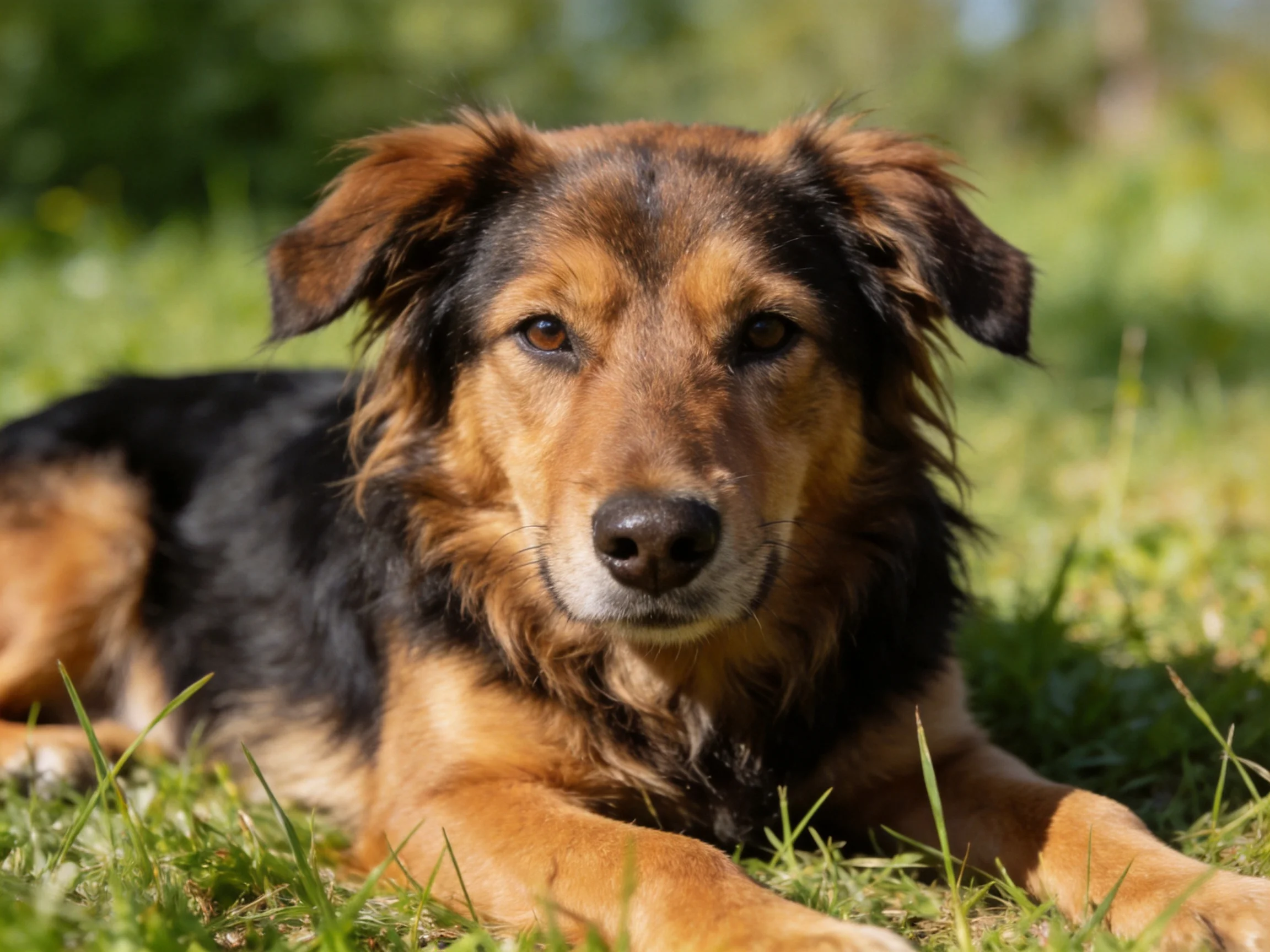 A brown and black mixed-breed dog relaxes on green grass in a sunny outdoor setting.