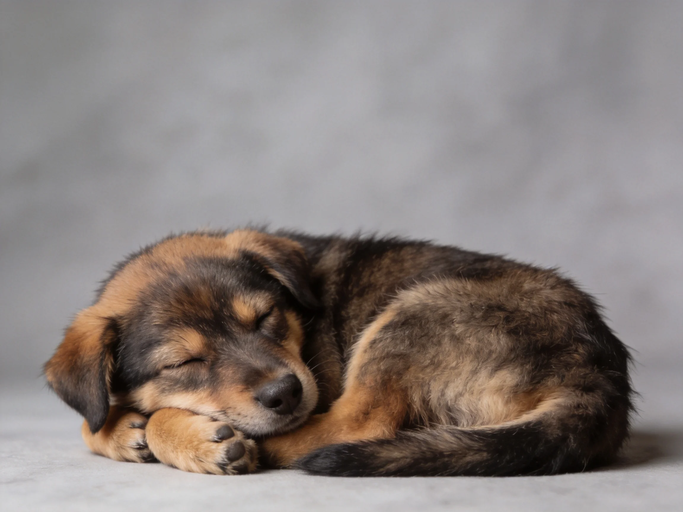 A brown and black puppy curled up sleeping