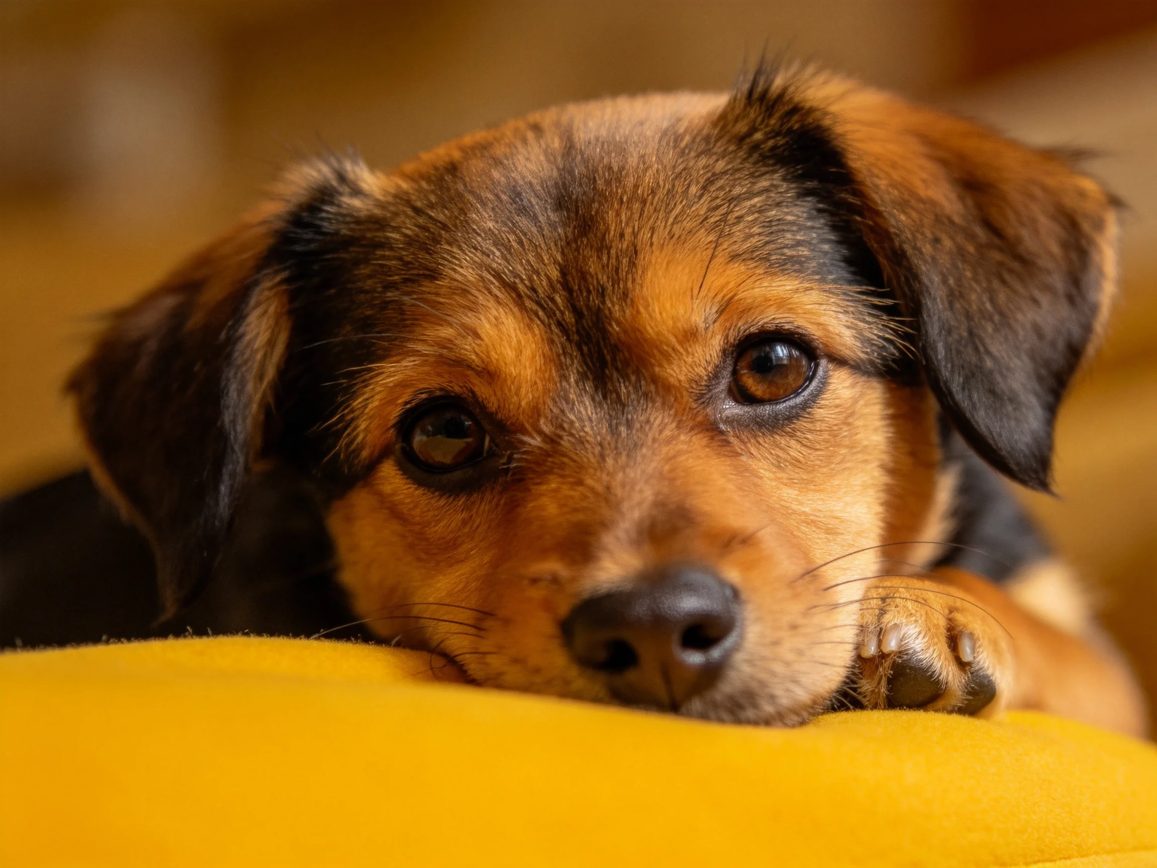 A puppy rests on a yellow cushion with soft lighting.