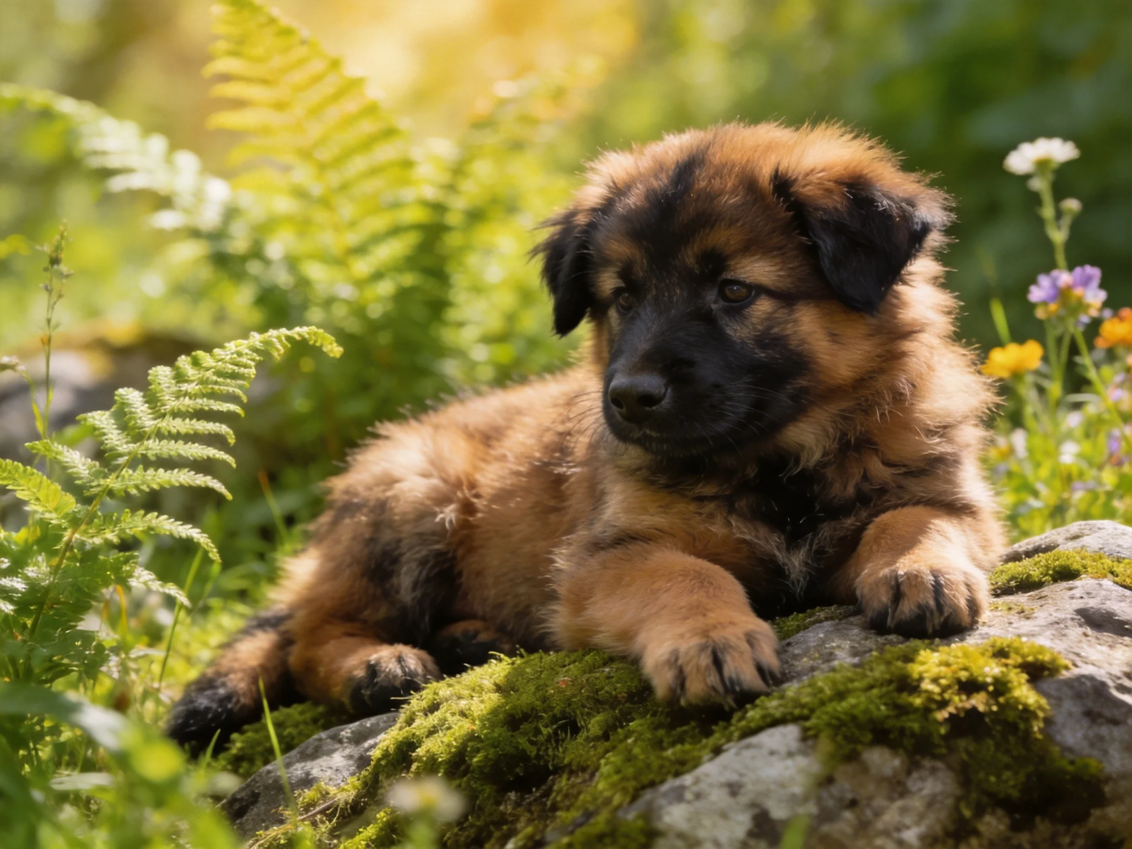 A young brown and black puppy relaxes on a mossy rock surrounded by ferns and flowers.