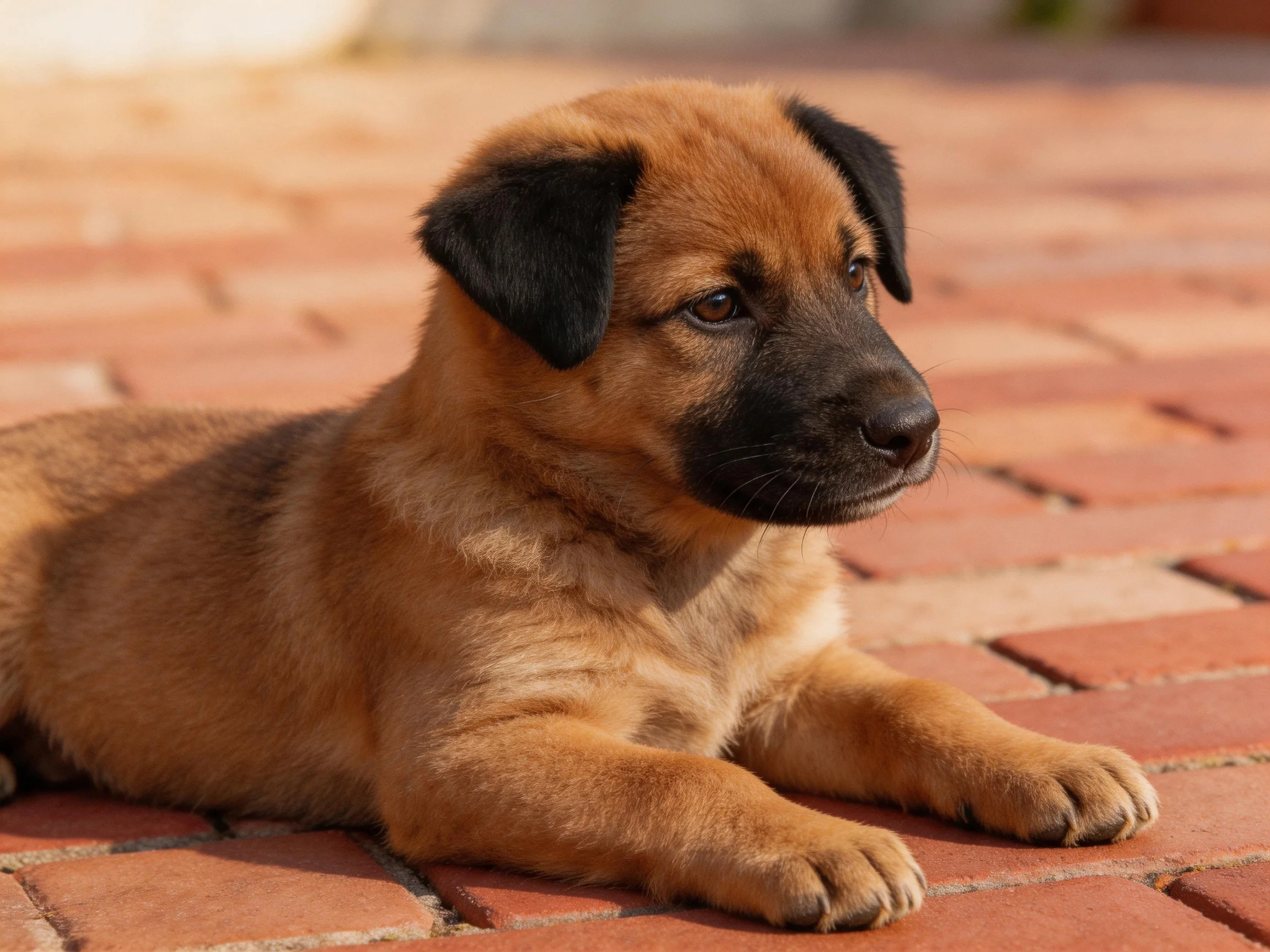 A brown and black puppy lies calmly on reddish - brown brick pavement