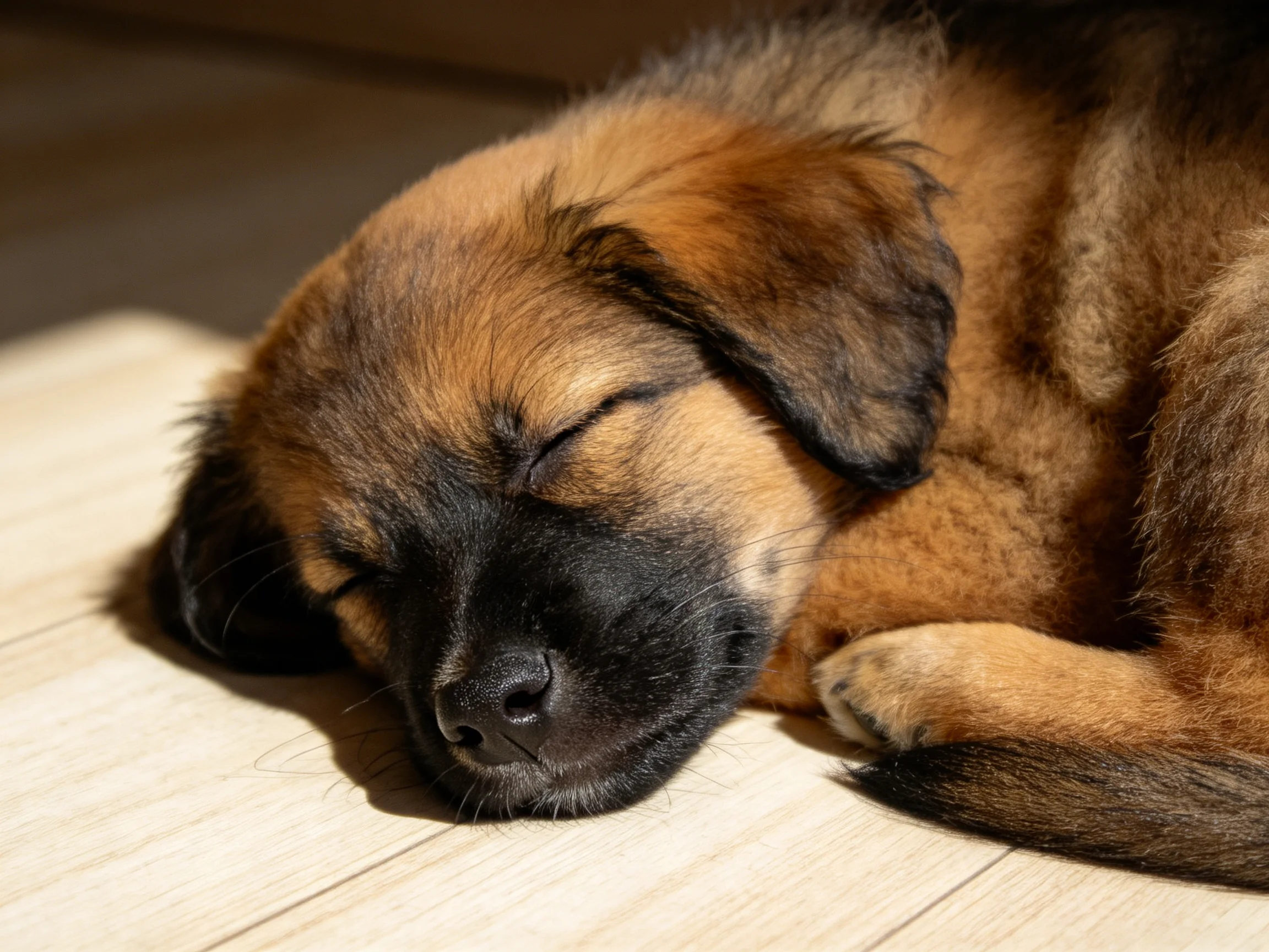 A small brown and black puppy rests on a wooden surface.