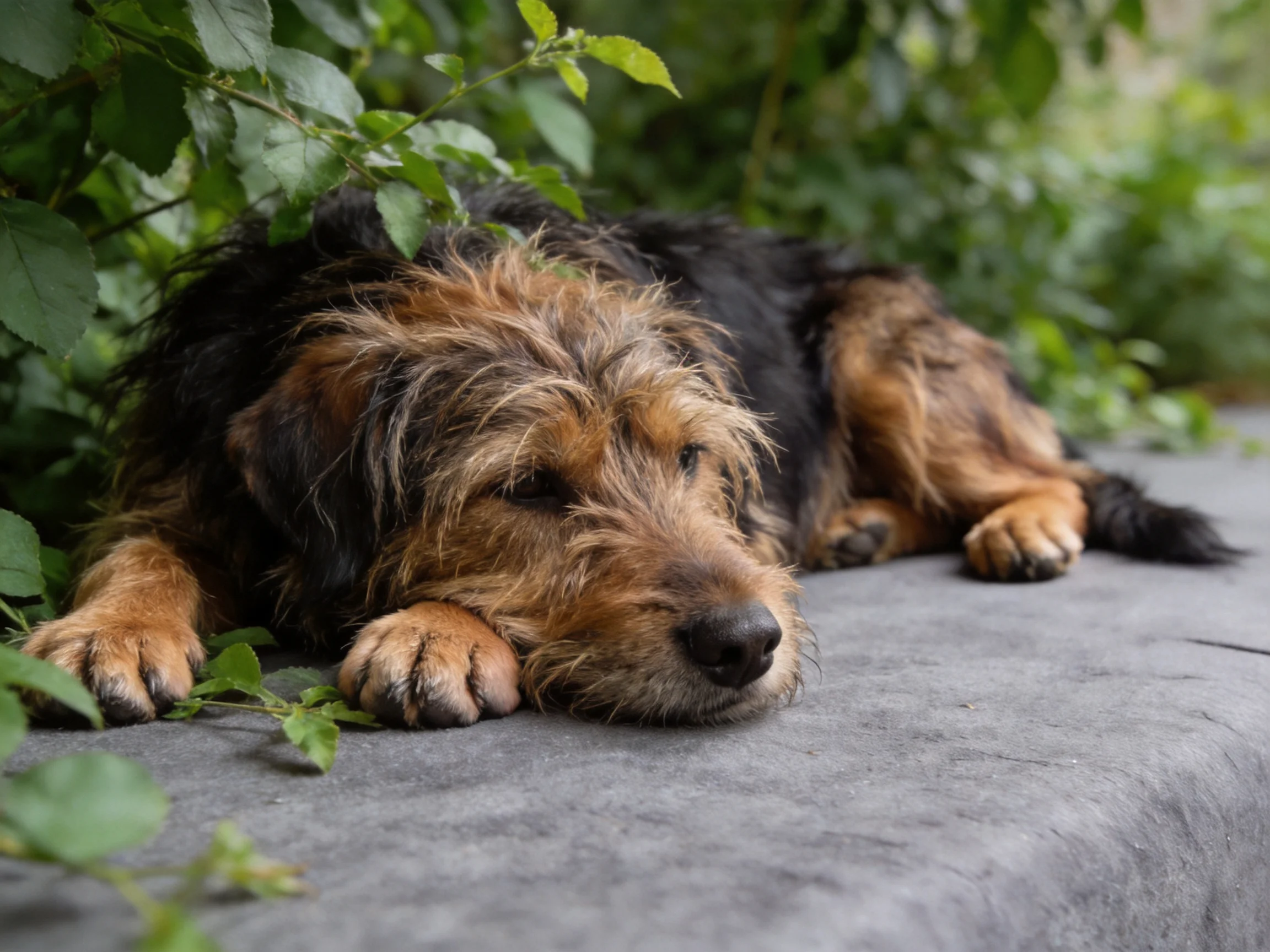A shaggy brown and black dog lies near green foliage on a stone ledge.