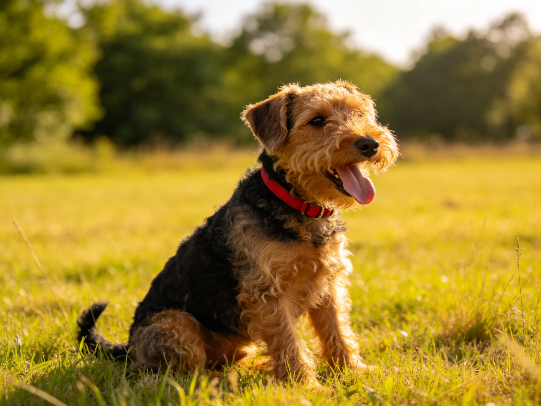 A brown and black terrier with a red collar sits in a sunlit grassy field