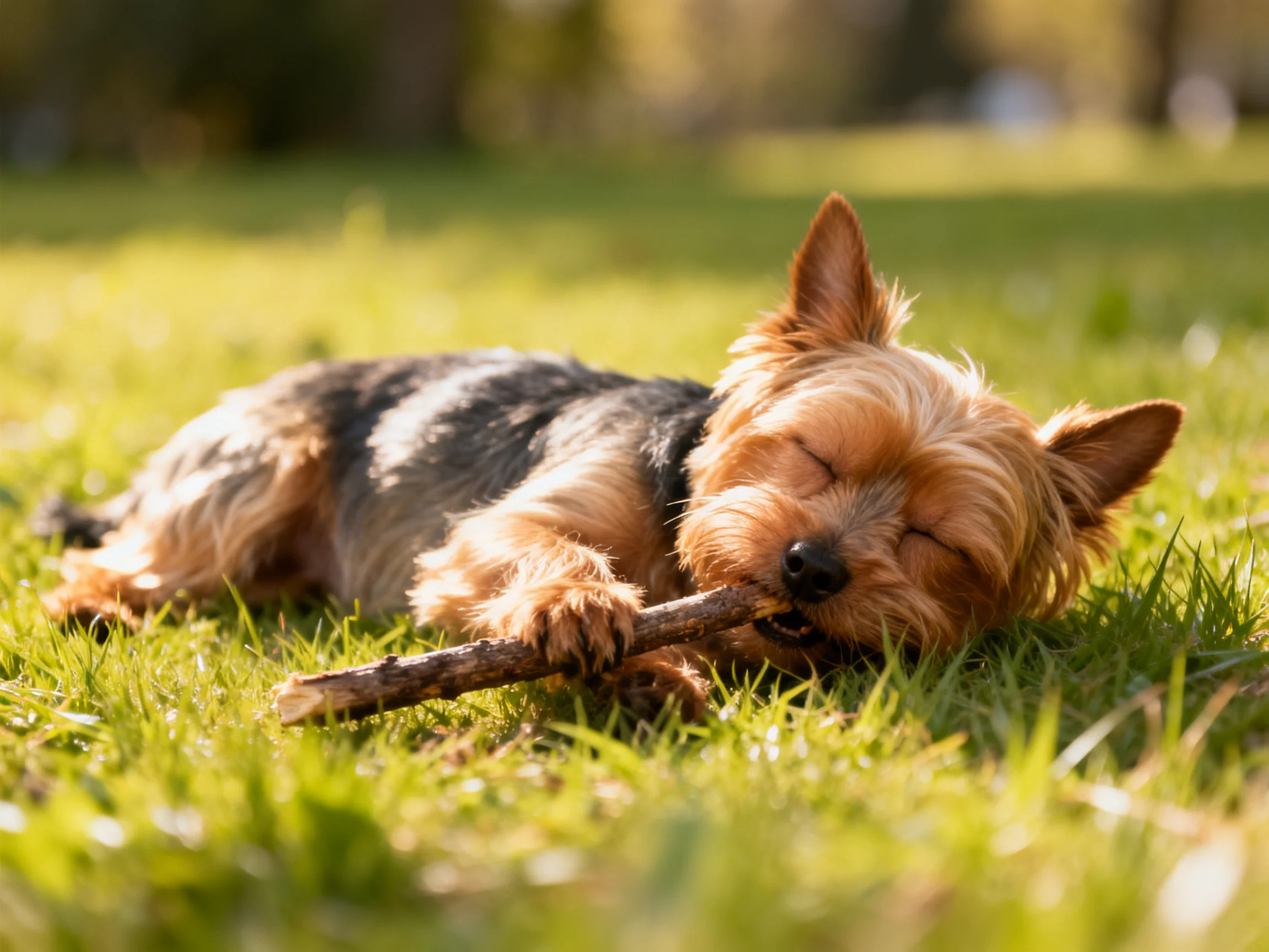 A brown and gray terrier lies on lush green grass with a wooden stick