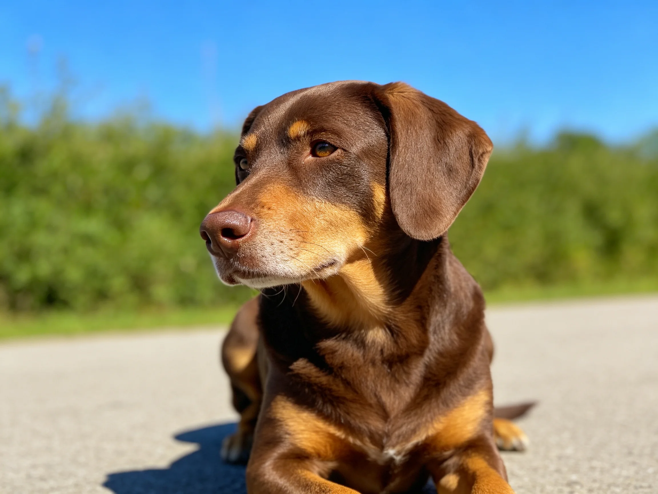 A brown and tan dog rests on a sunny pavement near greenery