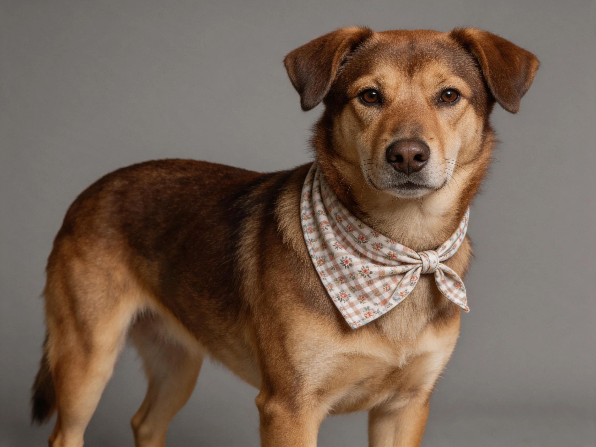 A brown and tan dog with a patterned neckerchief against a gray backdrop