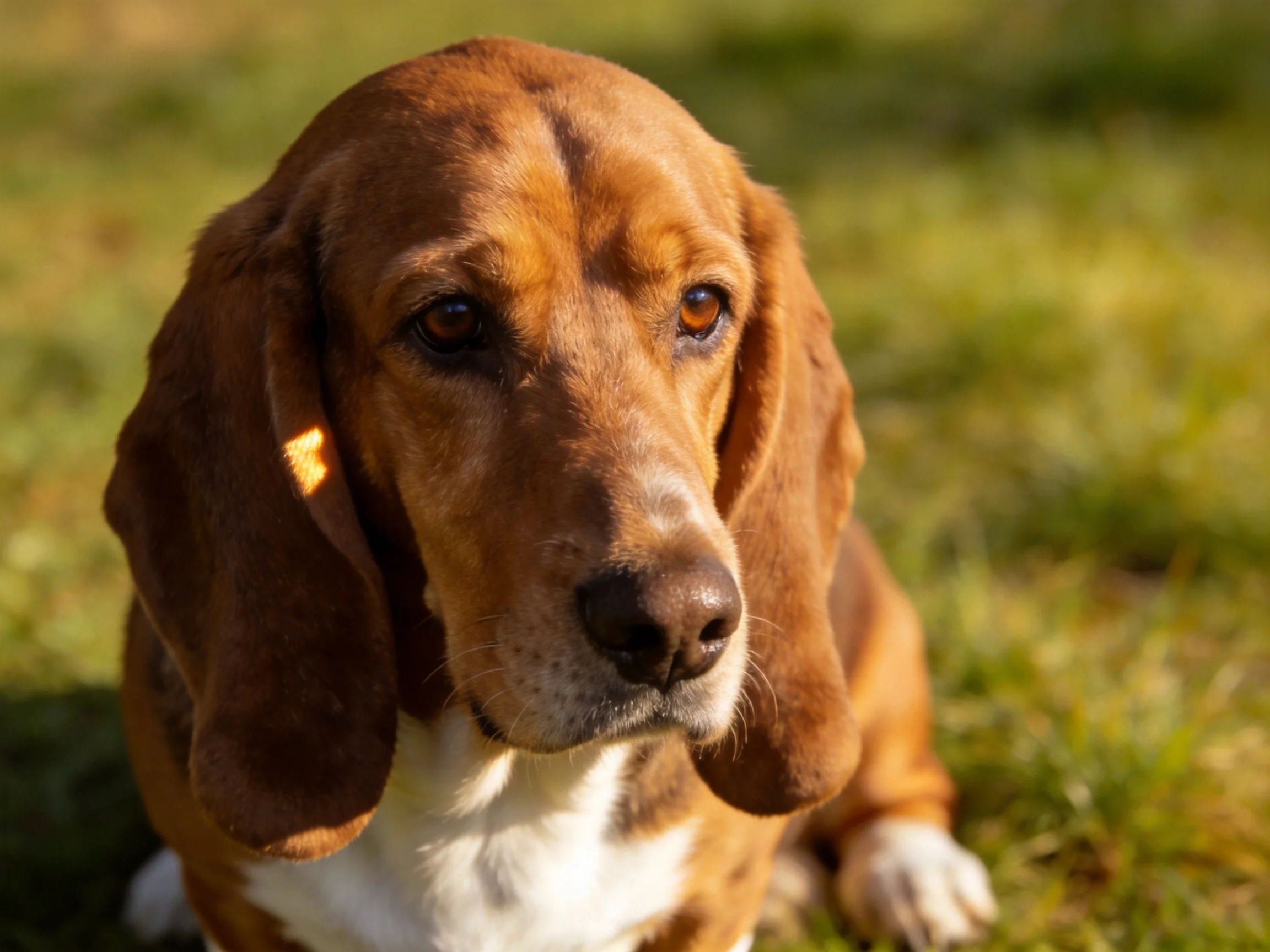 A brown and white Basset Hound rests peacefully on grass outdoors.