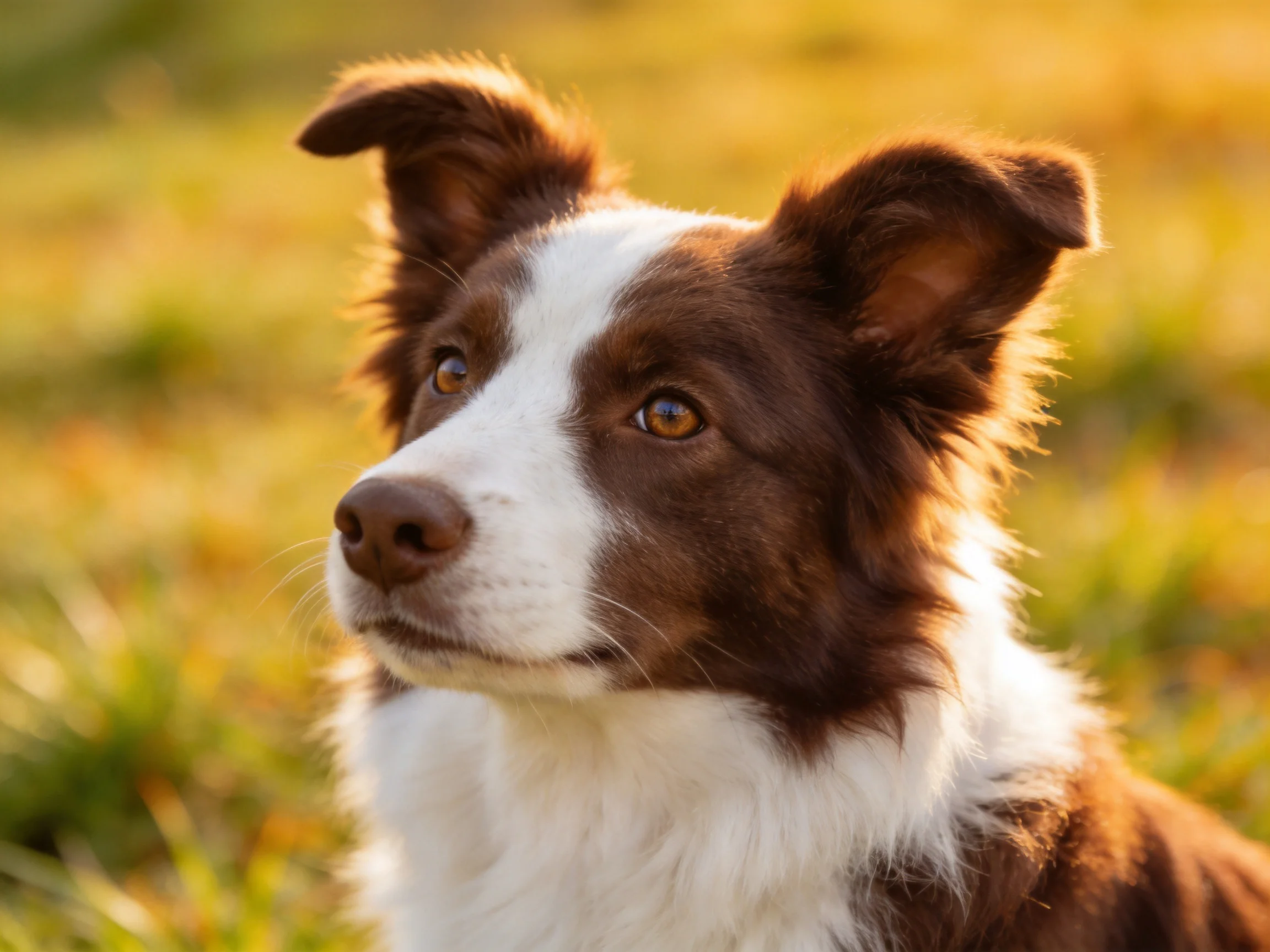 A brown and white Border Collie looks attentive in a sunlit outdoor area.