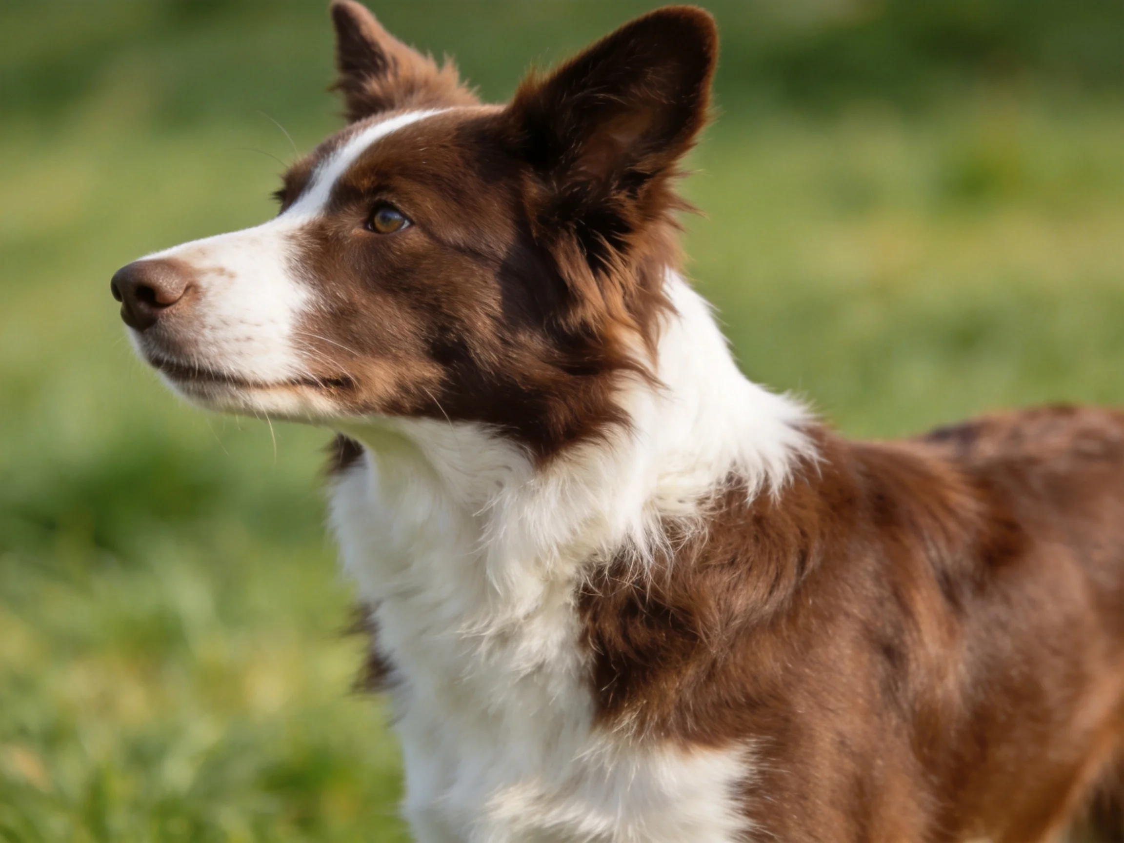 A brown and white Border Collie gazes toward a blurred green landscape