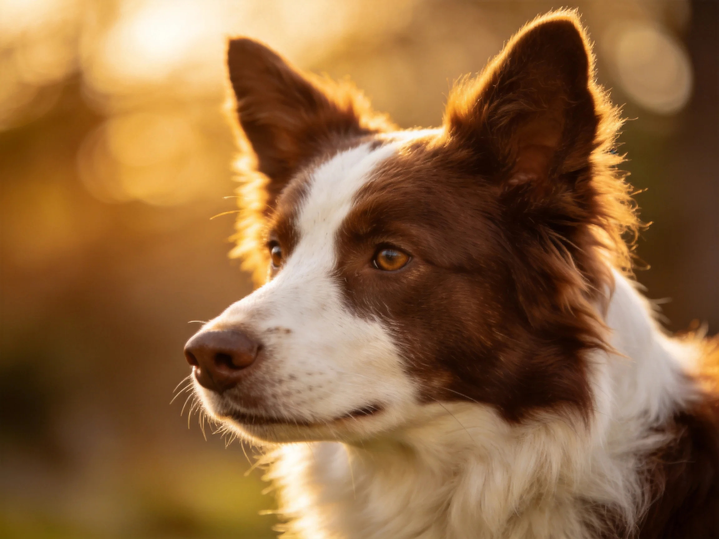 A brown and white Border Collie gazes into soft golden light outdoors.