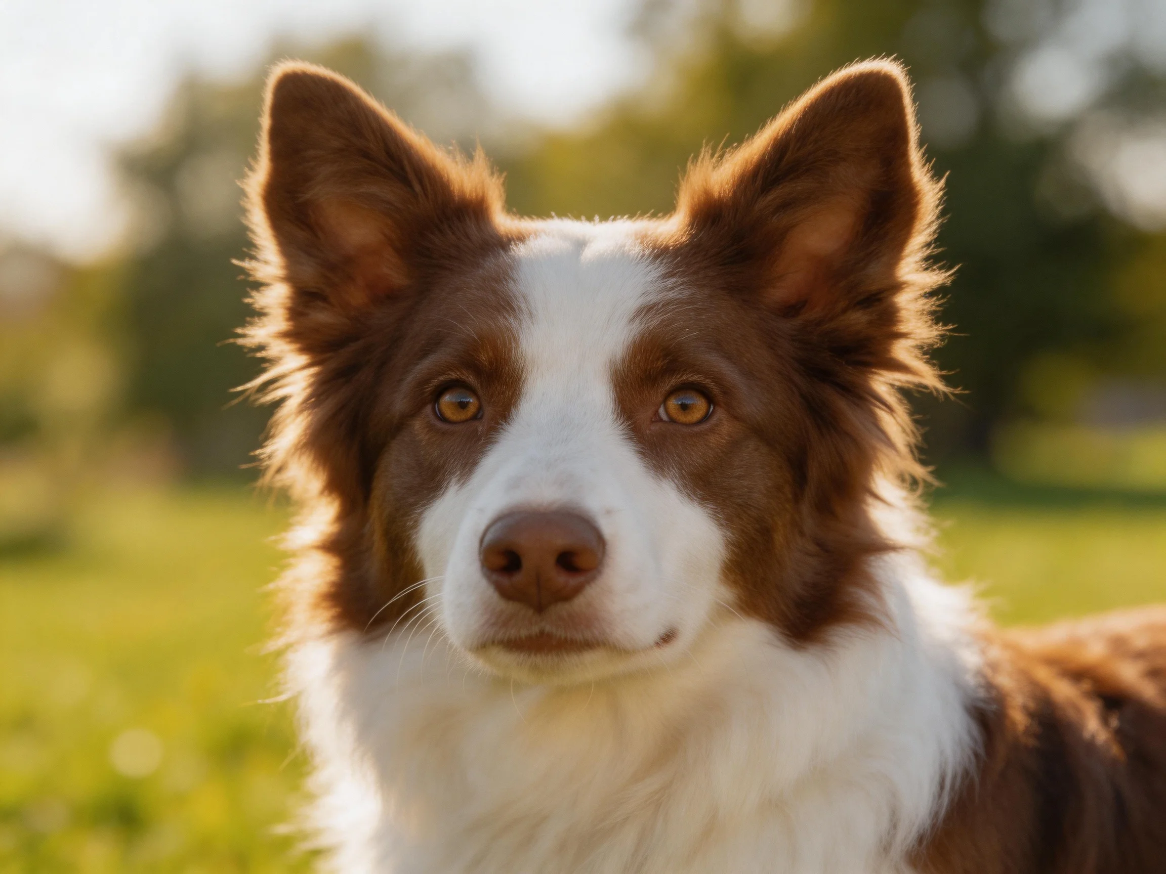 A brown and white Border Collie looks attentively at the camera in a sunlit outdoor area.