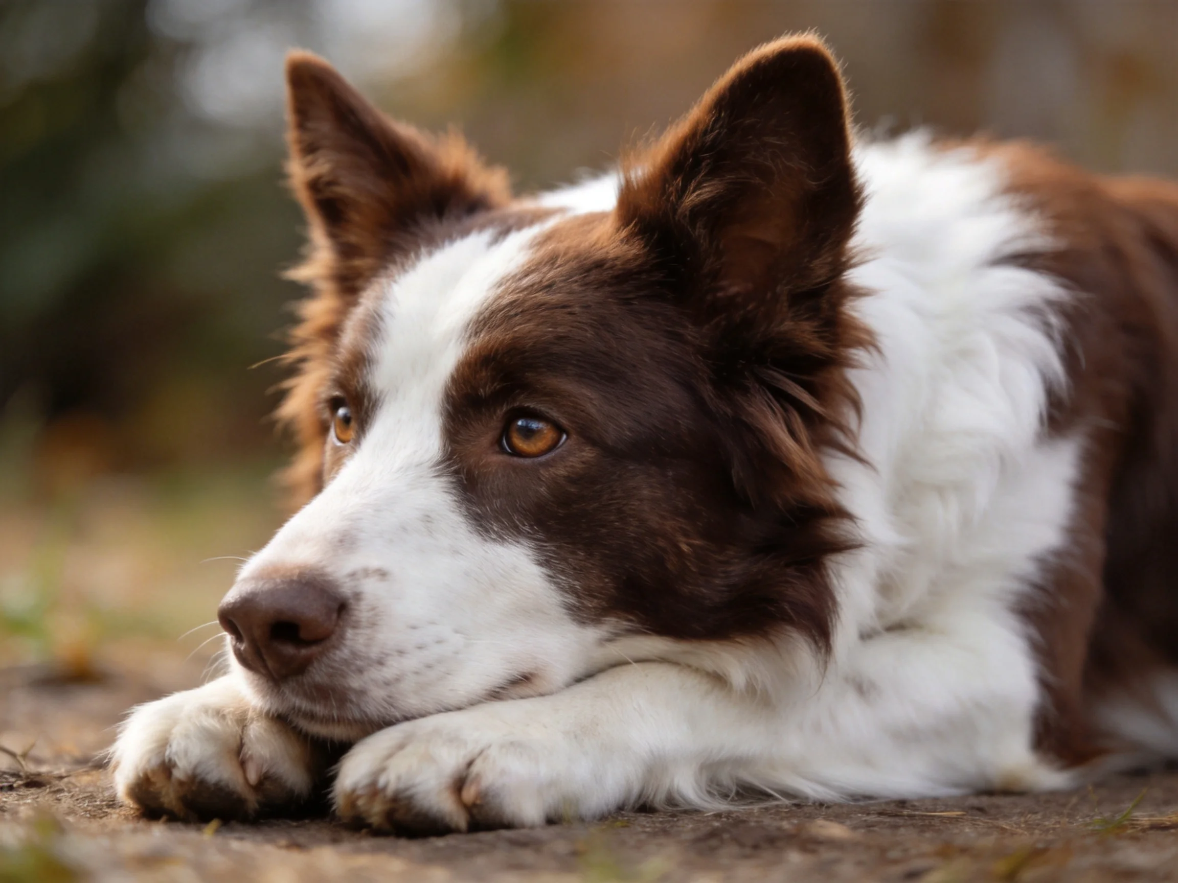 A brown and white Border Collie rests with its head on its paws outside
