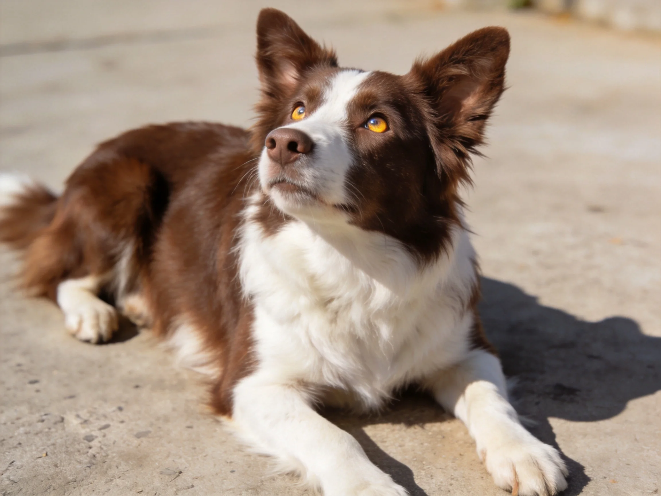 A brown and white Border Collie lies calmly on a sunlit concrete area.