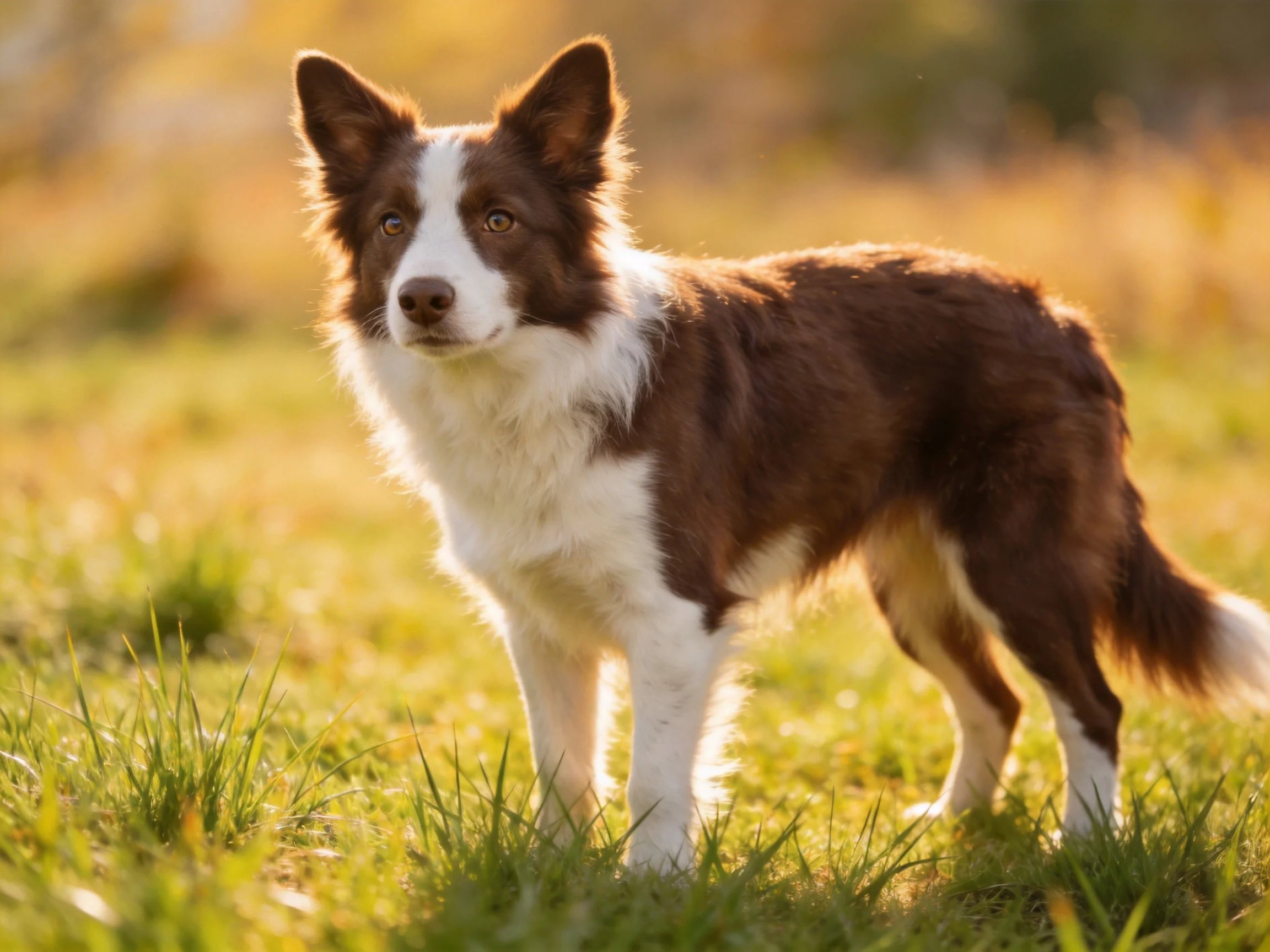 A brown and white Border Collie stands alert in sunlit grass