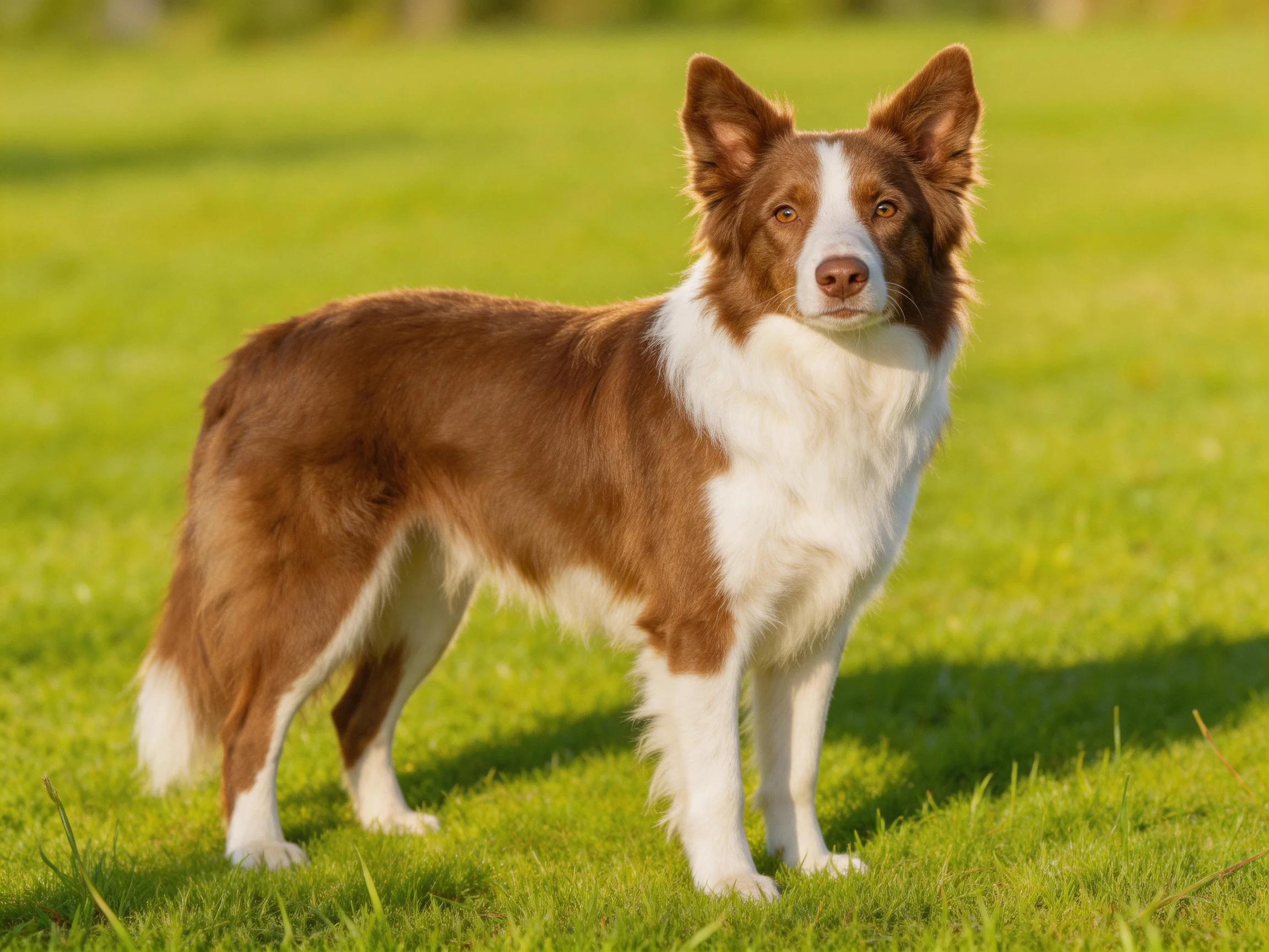 A brown and white Border Collie stands alert on a sunlit grassy field.