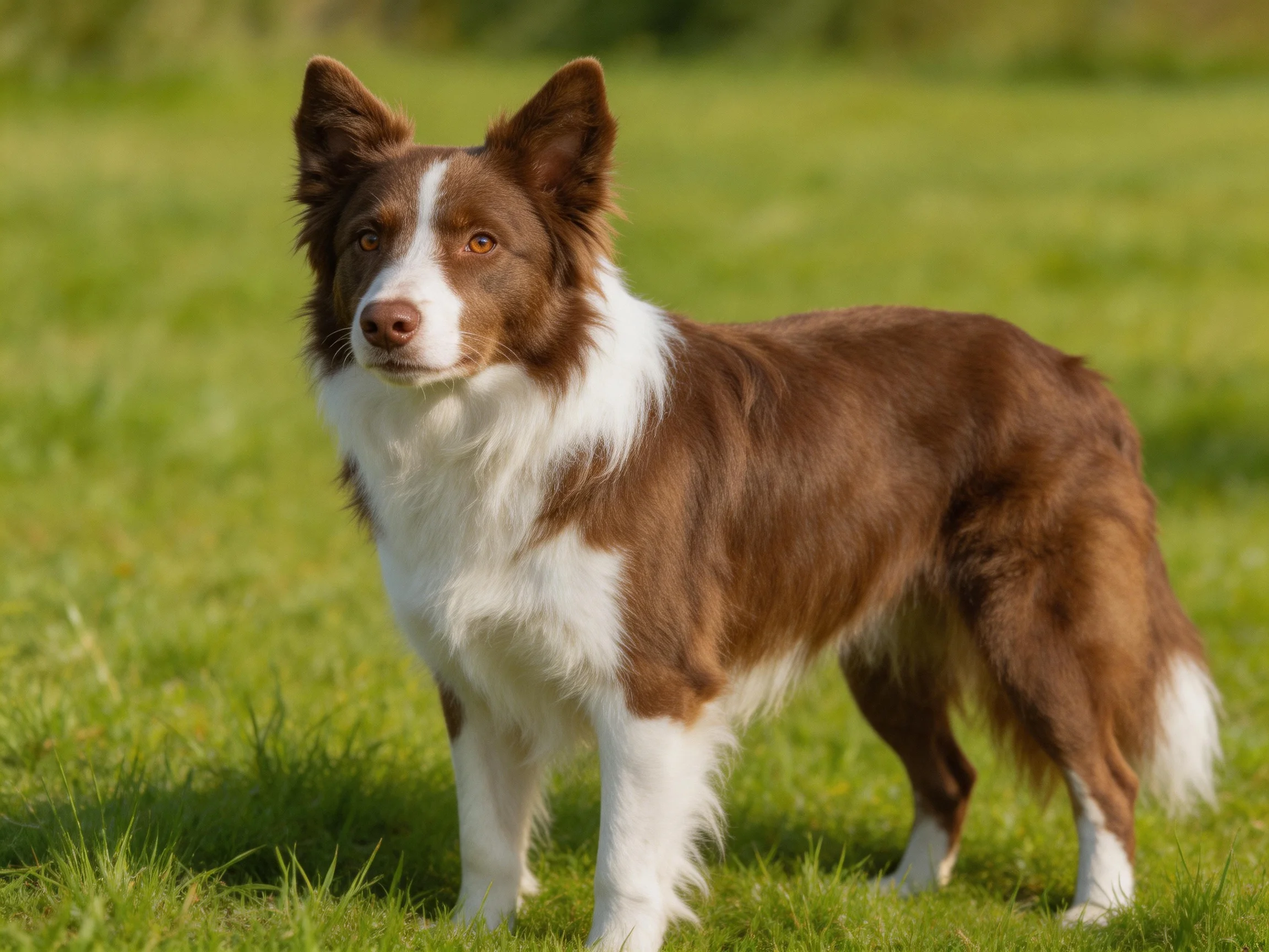 A brown and white Border Collie stands alert in a sunlit grassy area.