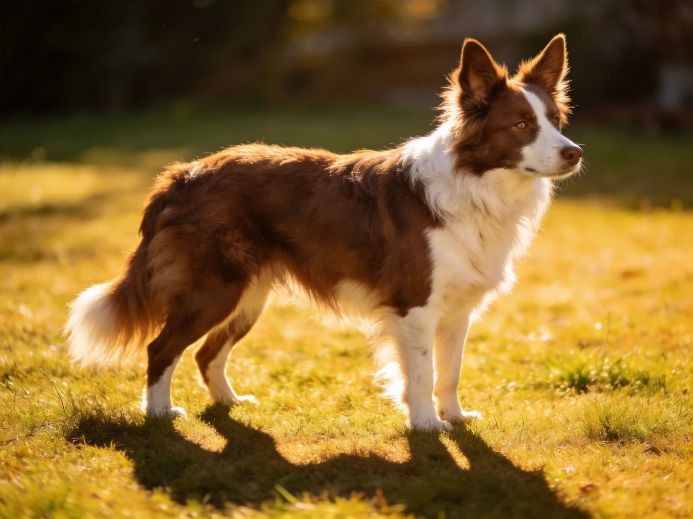 A brown and white Border Collie stands alert on sunlit grass