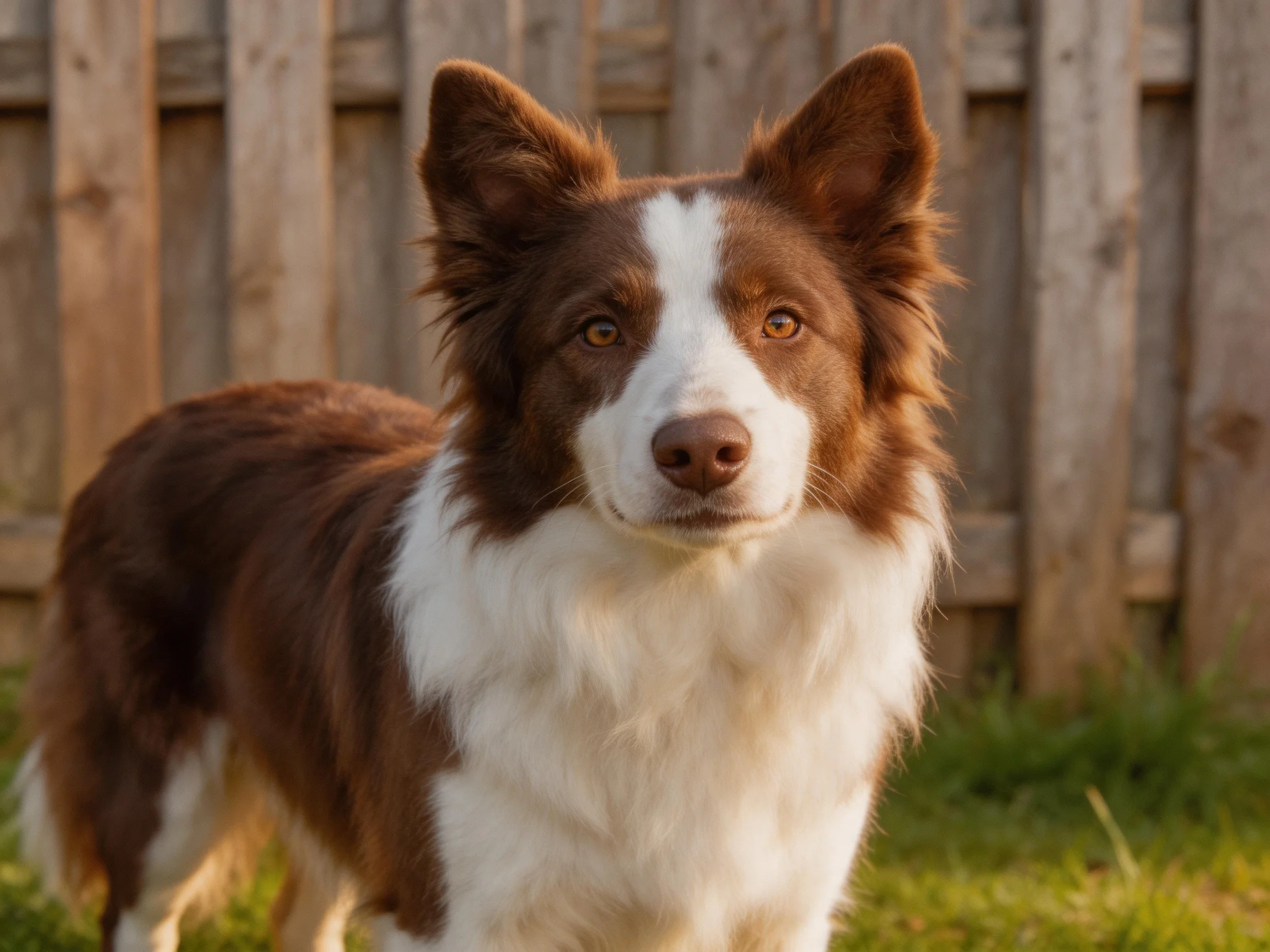 A brown and white Border Collie stands attentively near a wooden fence.