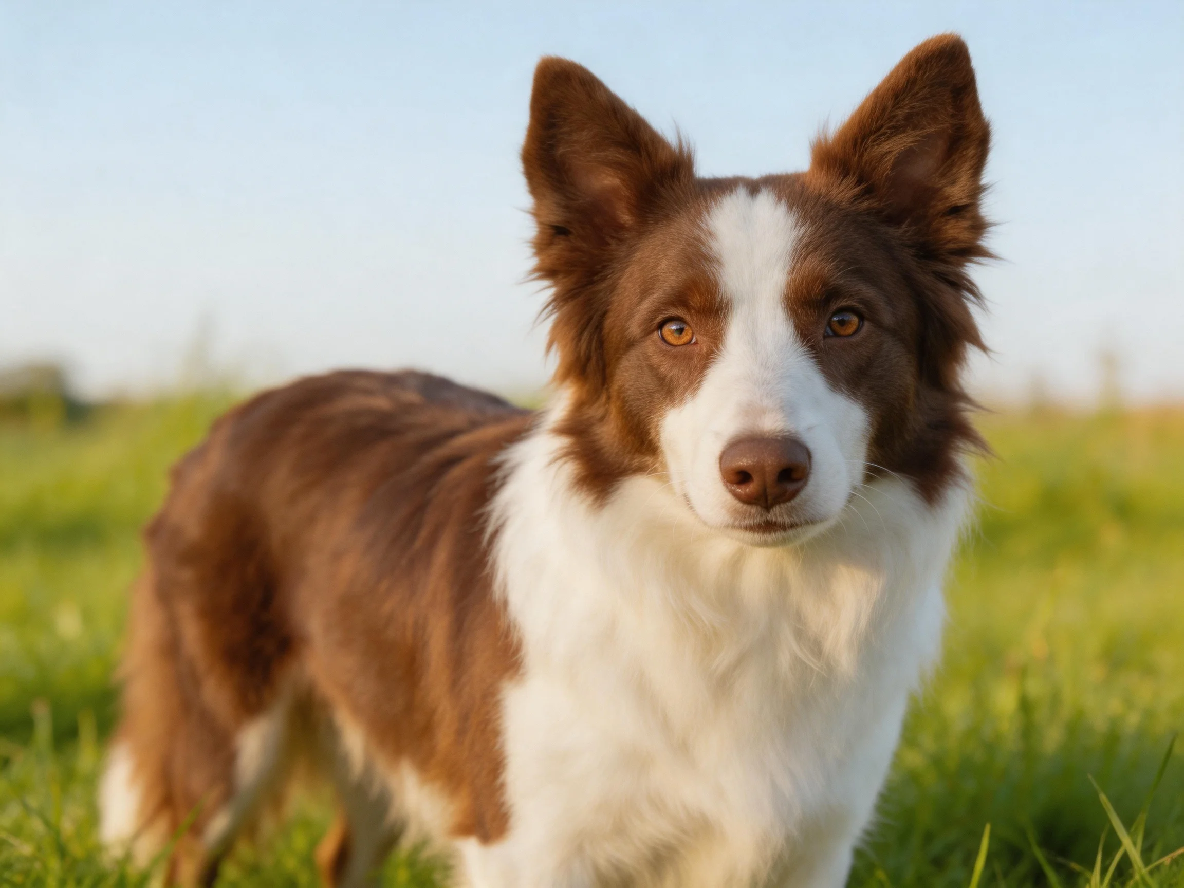 A brown and white Border Collie stands in a sunlit grassy field