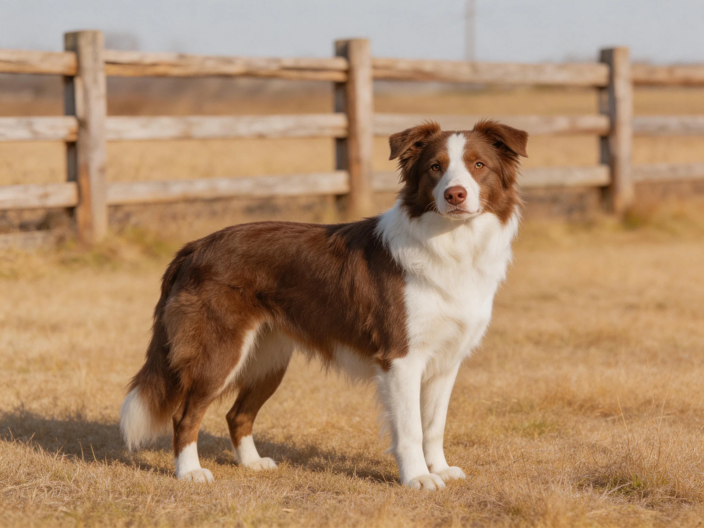 A brown and white Border Collie stands alertly in a dry, open field with a wooden fence behind