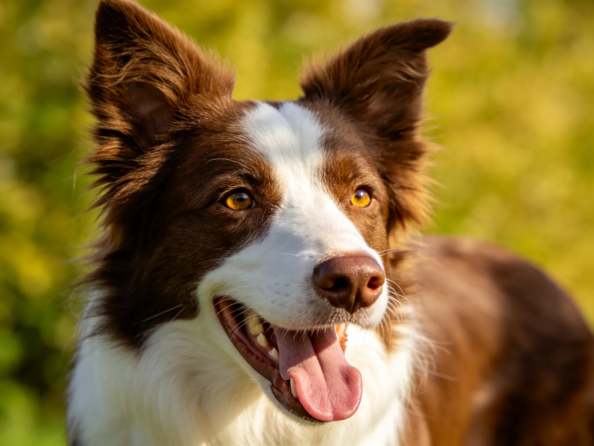 A brown and white Border Collie stands happily in a sunlit outdoor setting.