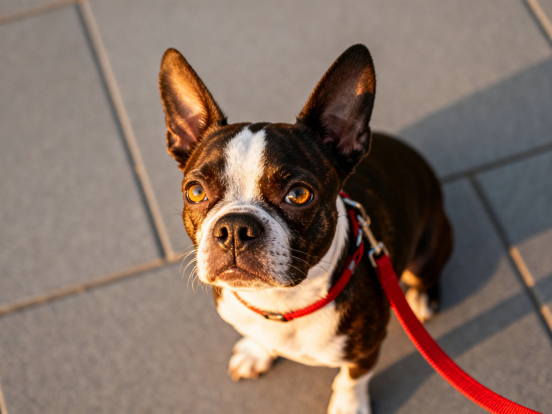 A brown and white Boston Terrier sits on tiled pavement with a red leash.