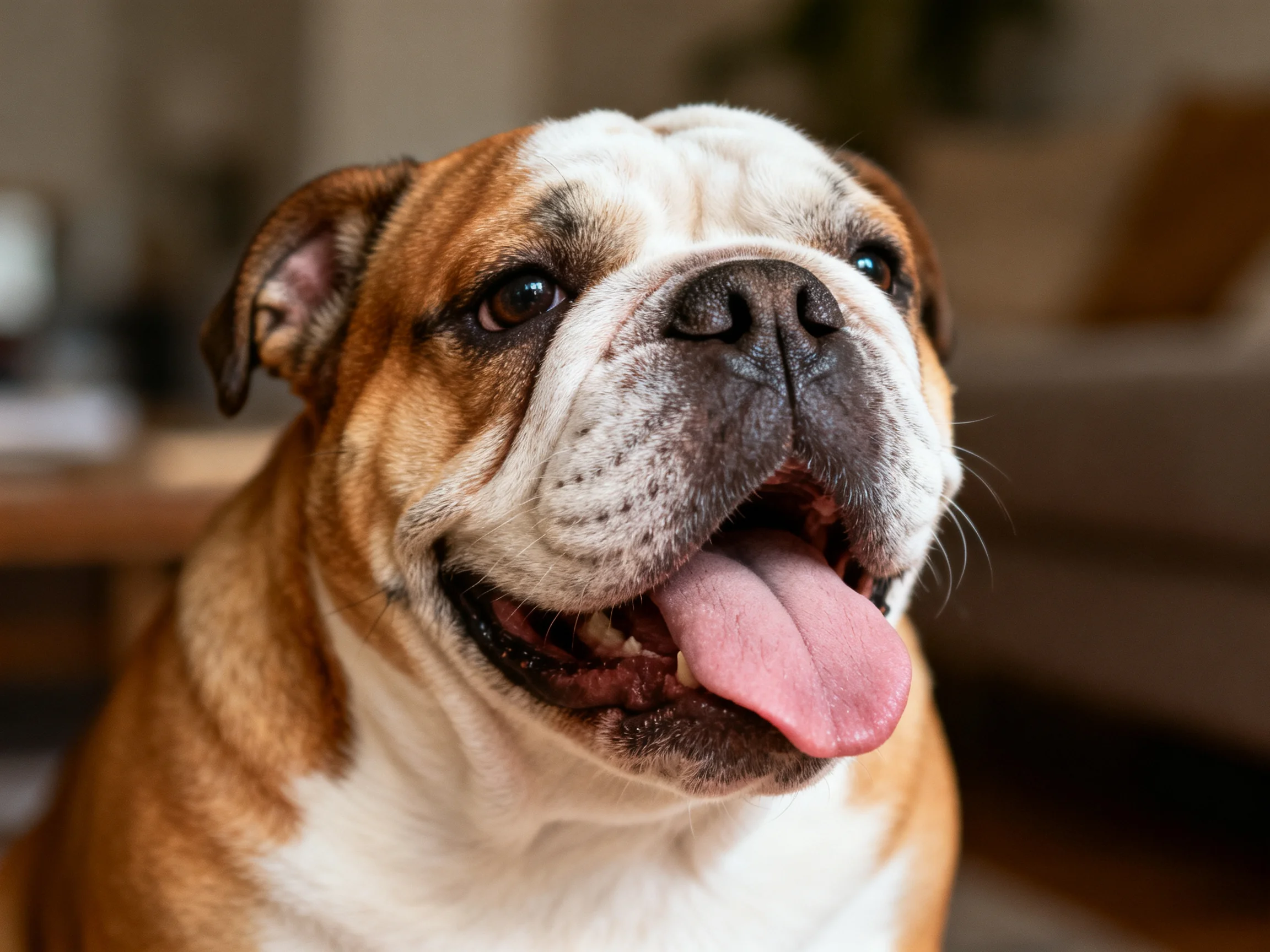 A brown and white English Bulldog panting in a cozy indoor space