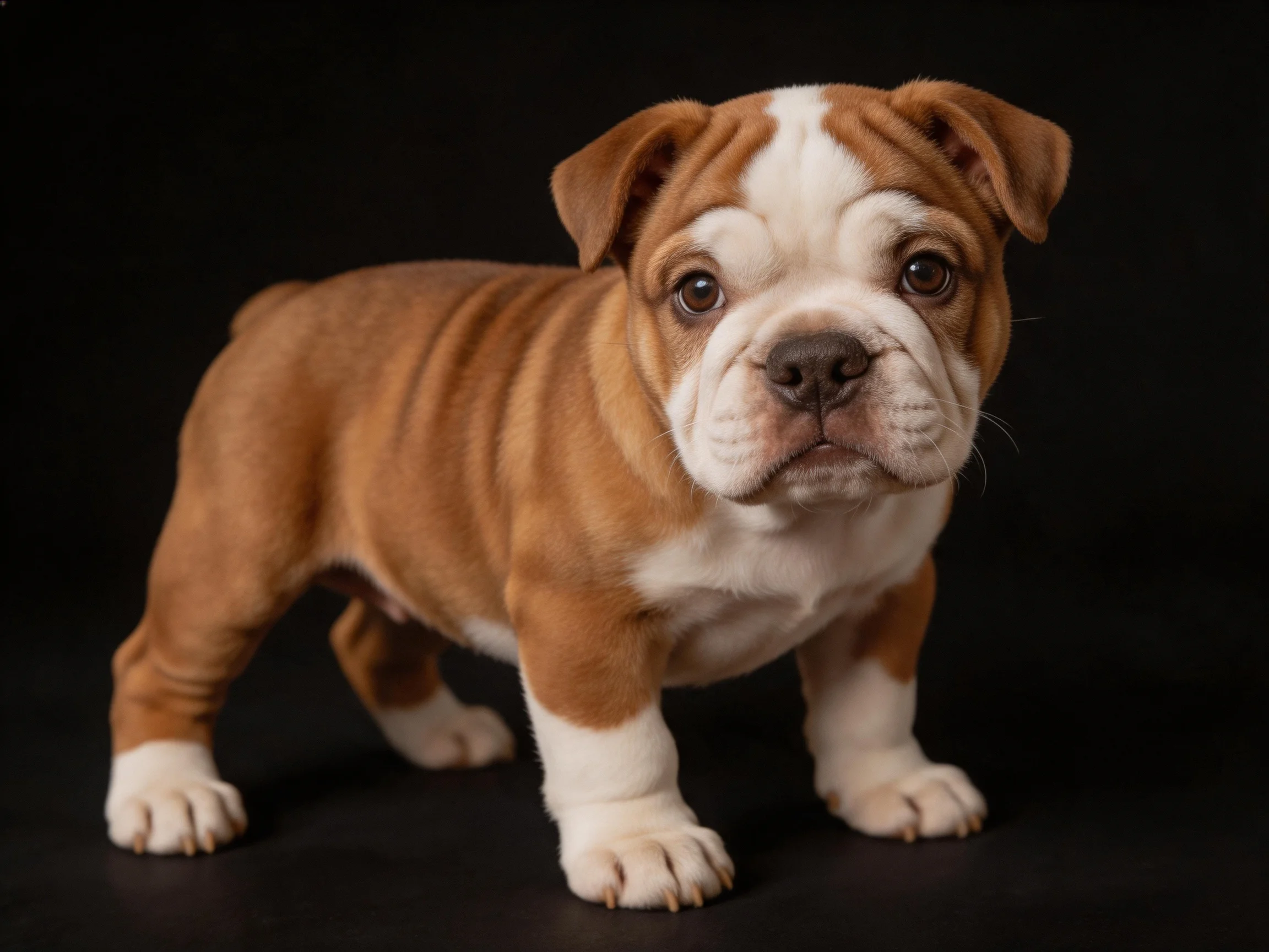 A brown and white English Bulldog puppy posed against a black backdrop