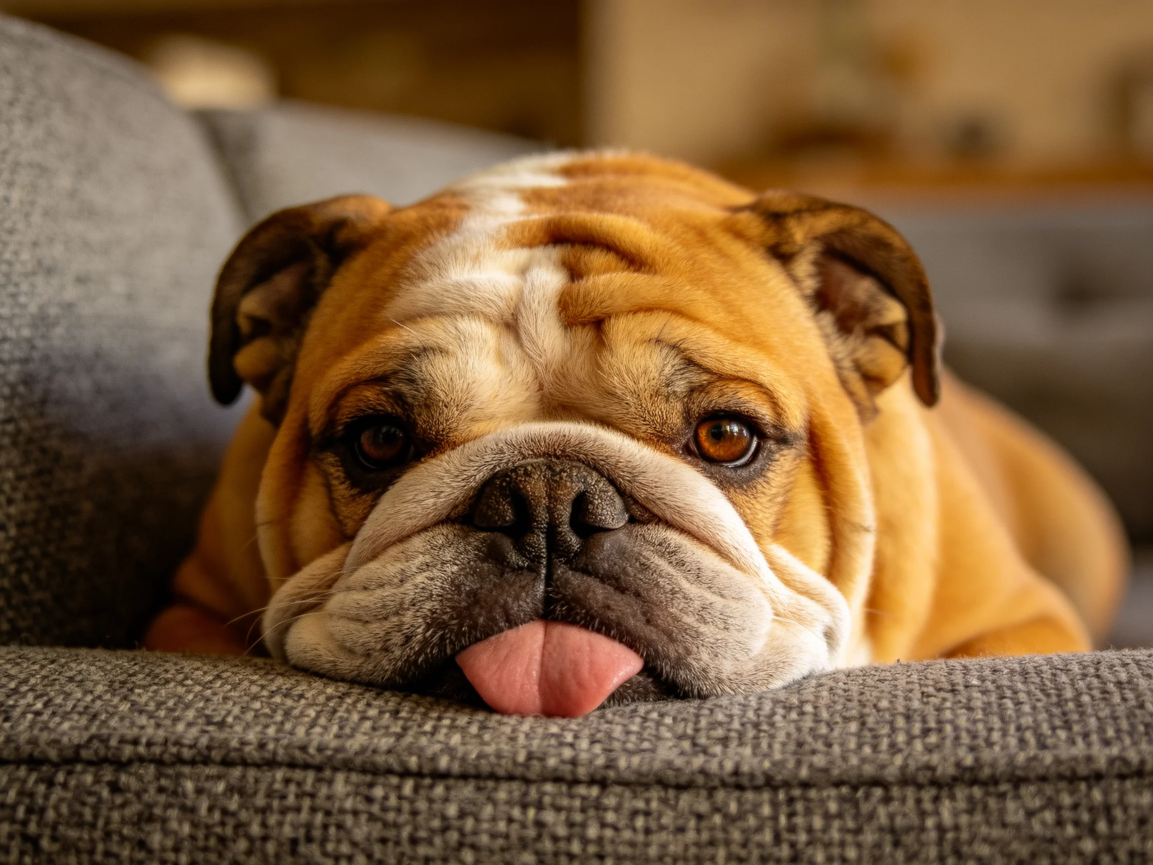 A brown and white English Bulldog resting on a gray couch