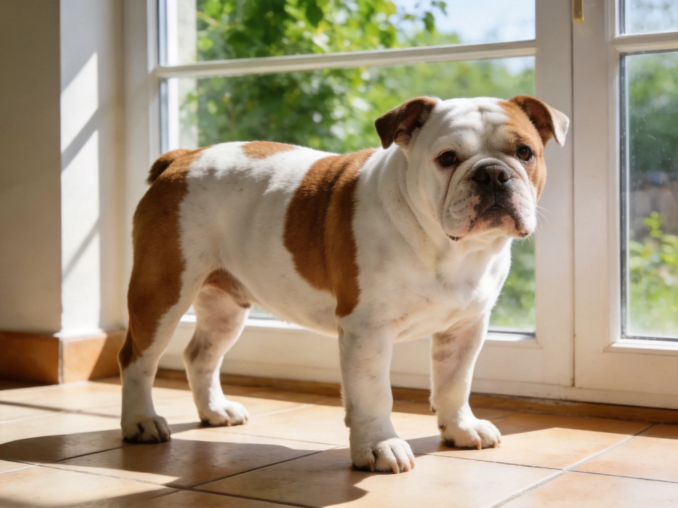 A brown and white English bulldog near large sunlit windows