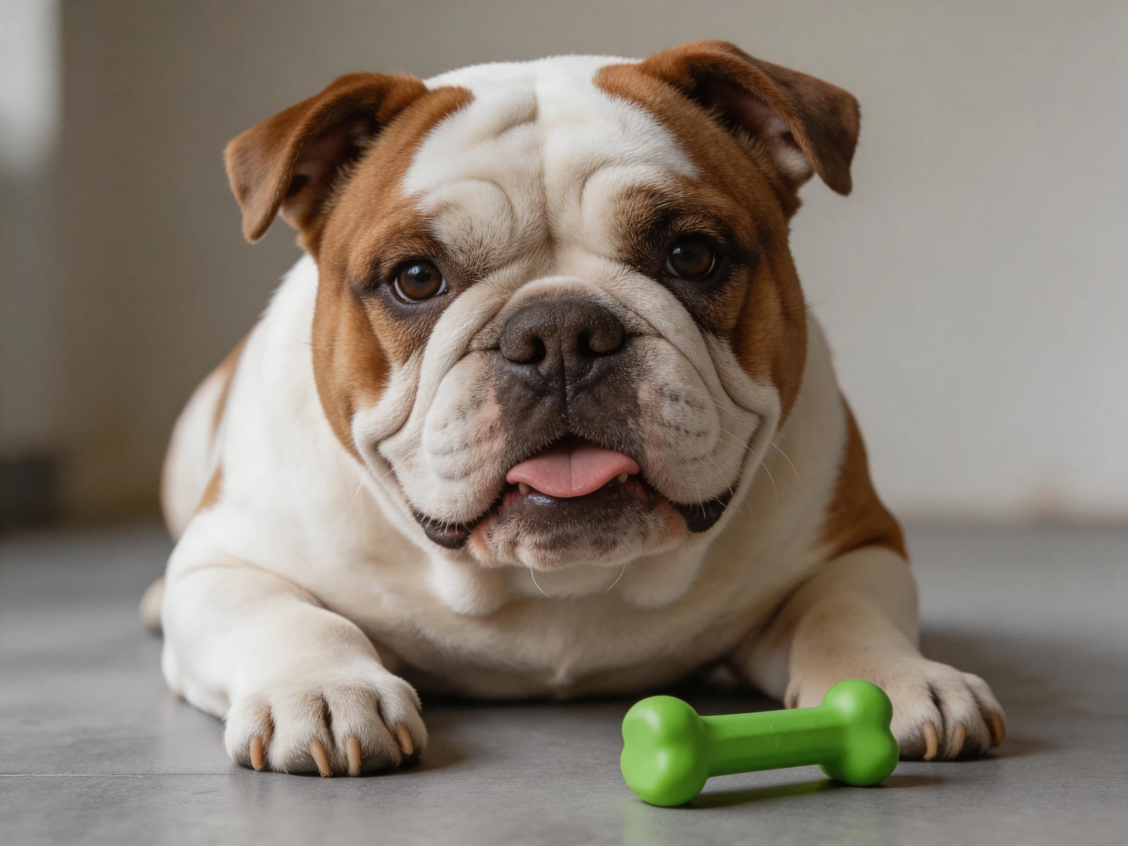 A brown and white English bulldog rests beside a bright green plastic bone