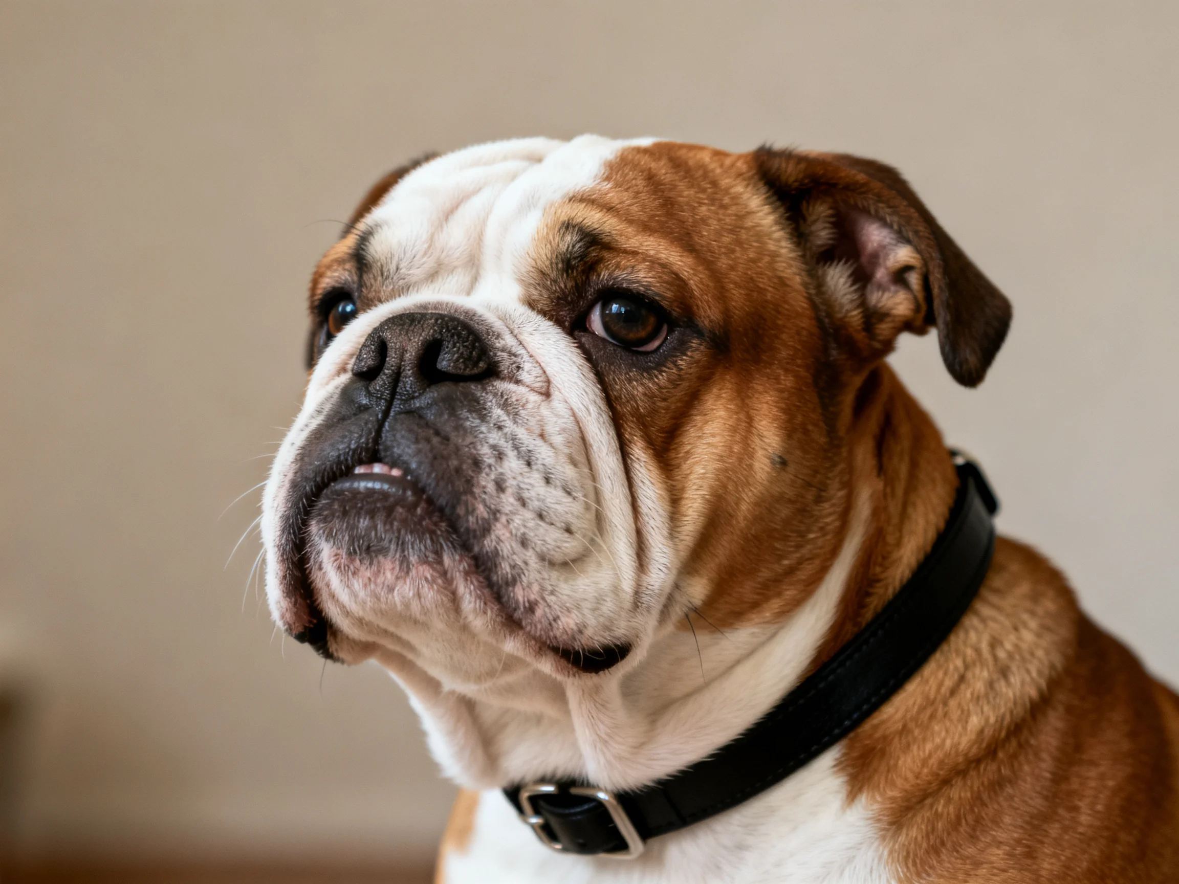 A brown and white English bulldog with a black collar
