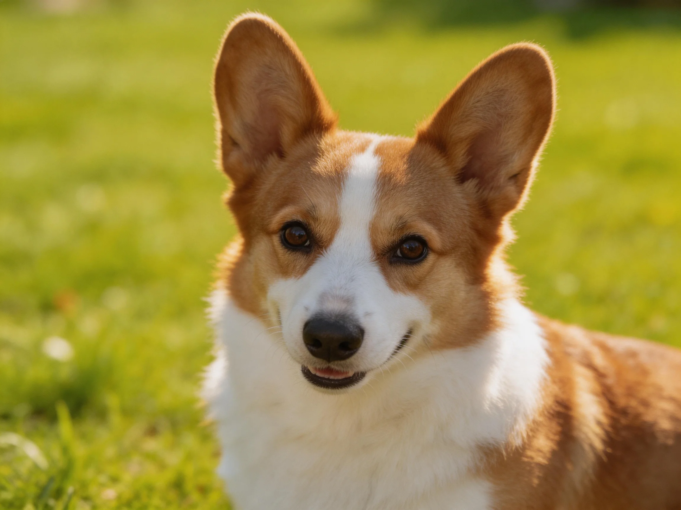 A brown and white Pembroke Welsh Corgi sits on sunlit green grass