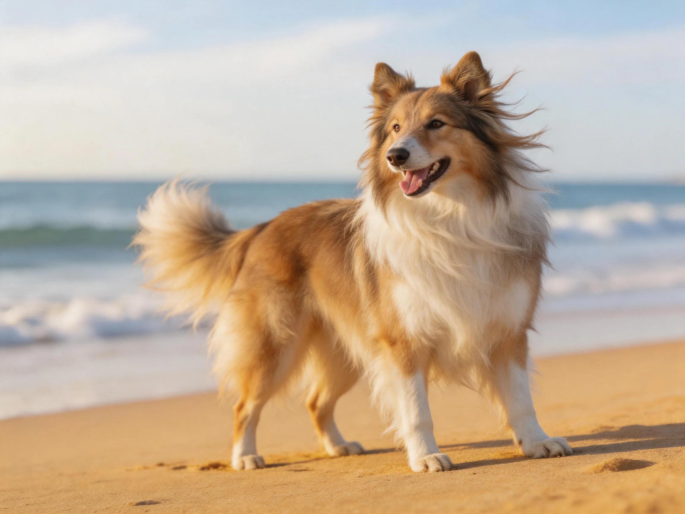 A brown-and-white Sheltie dog on a sunlit sandy beach near the ocean