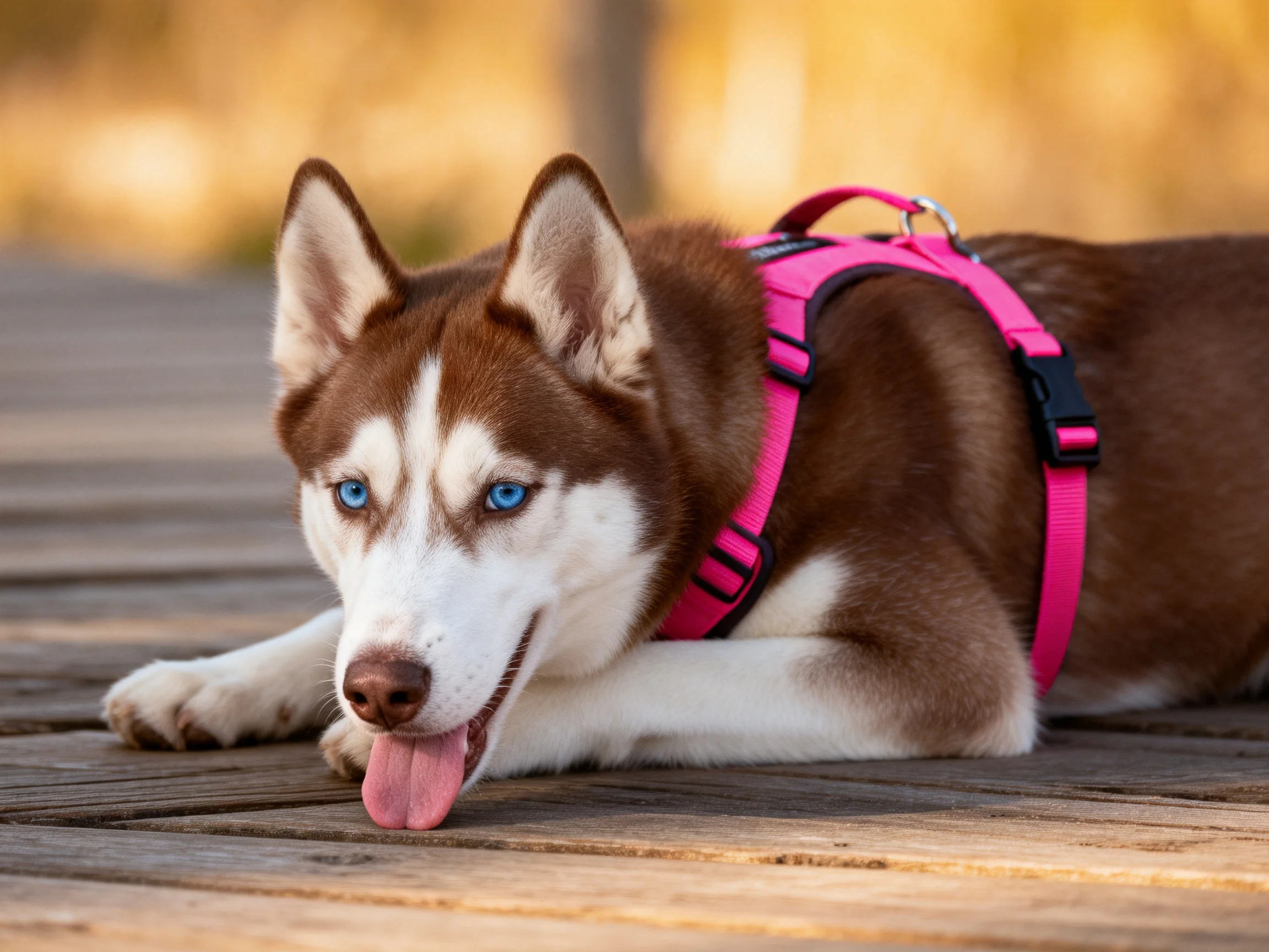 A brown-and-white Siberian Husky wears a bright pink harnesswhile resting on wooden planks
