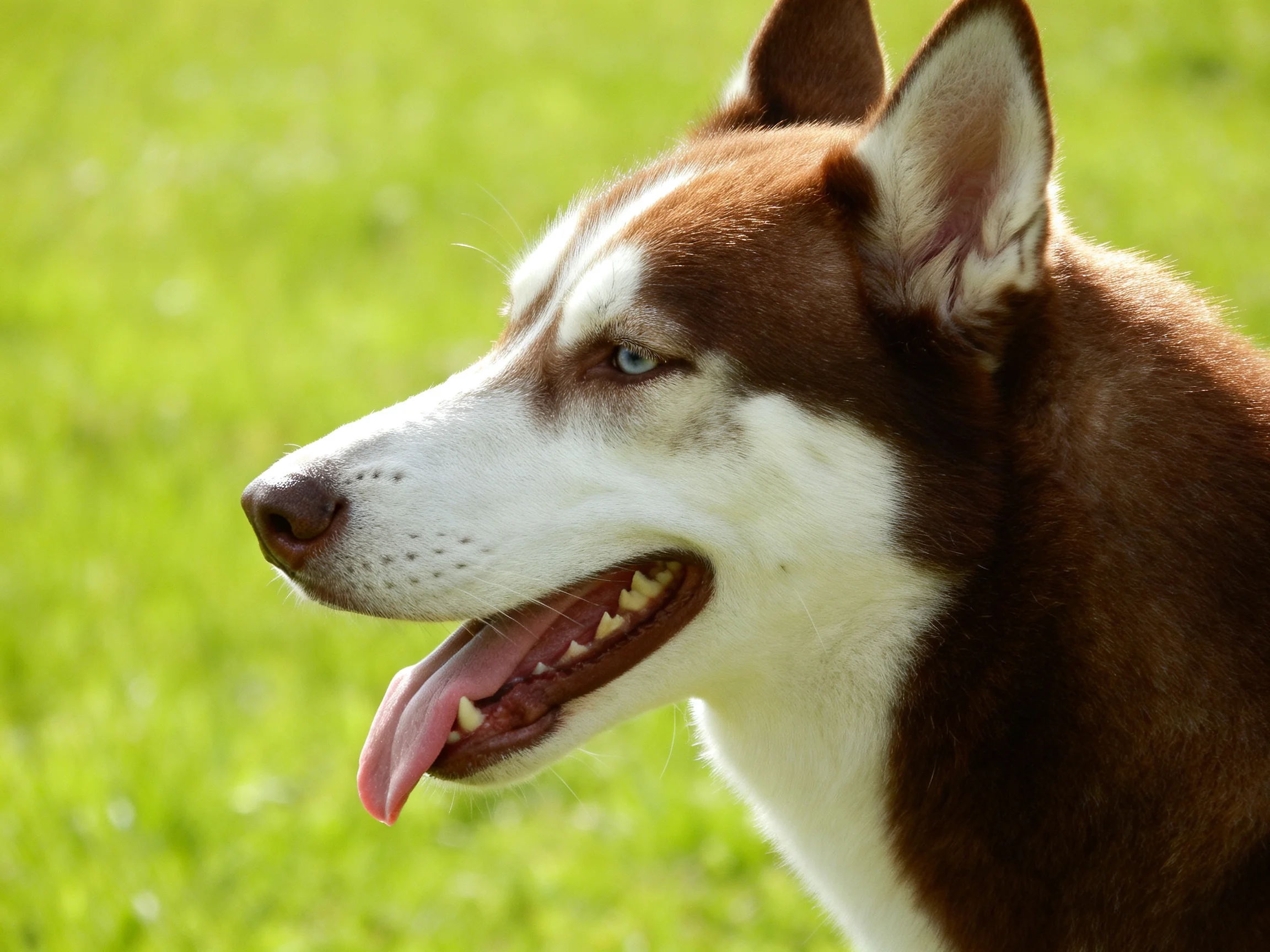 A brown and white Siberian Husky with blue eyes panting outdoors