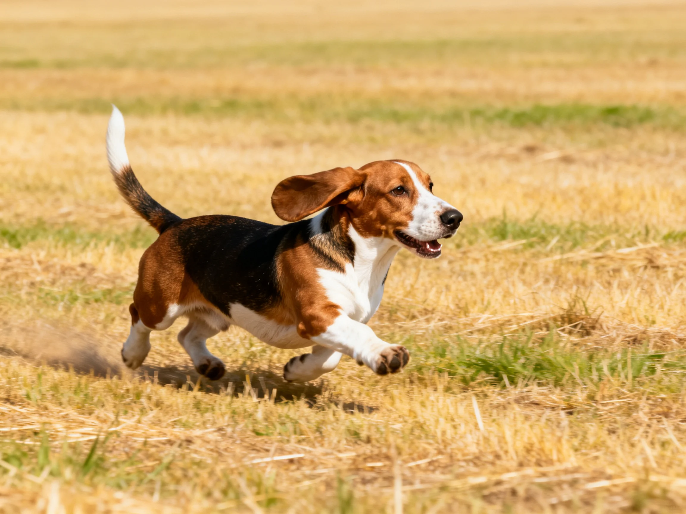 A brown and white basset hound runs through golden and green fields