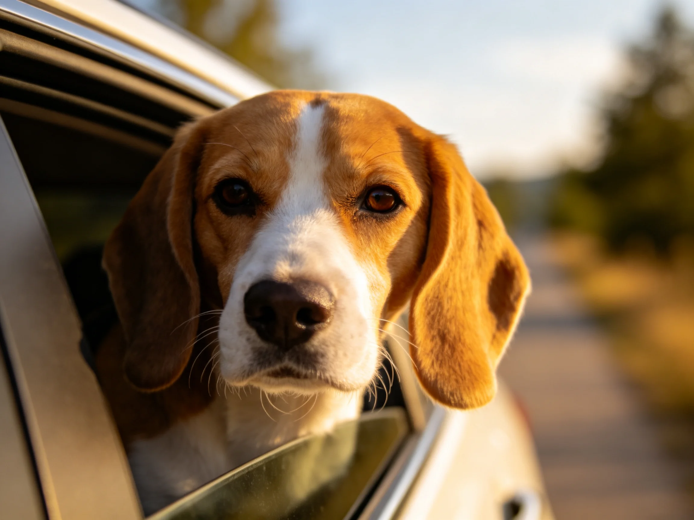 A brown and white beagle dog peers out of a car window on a sunny day