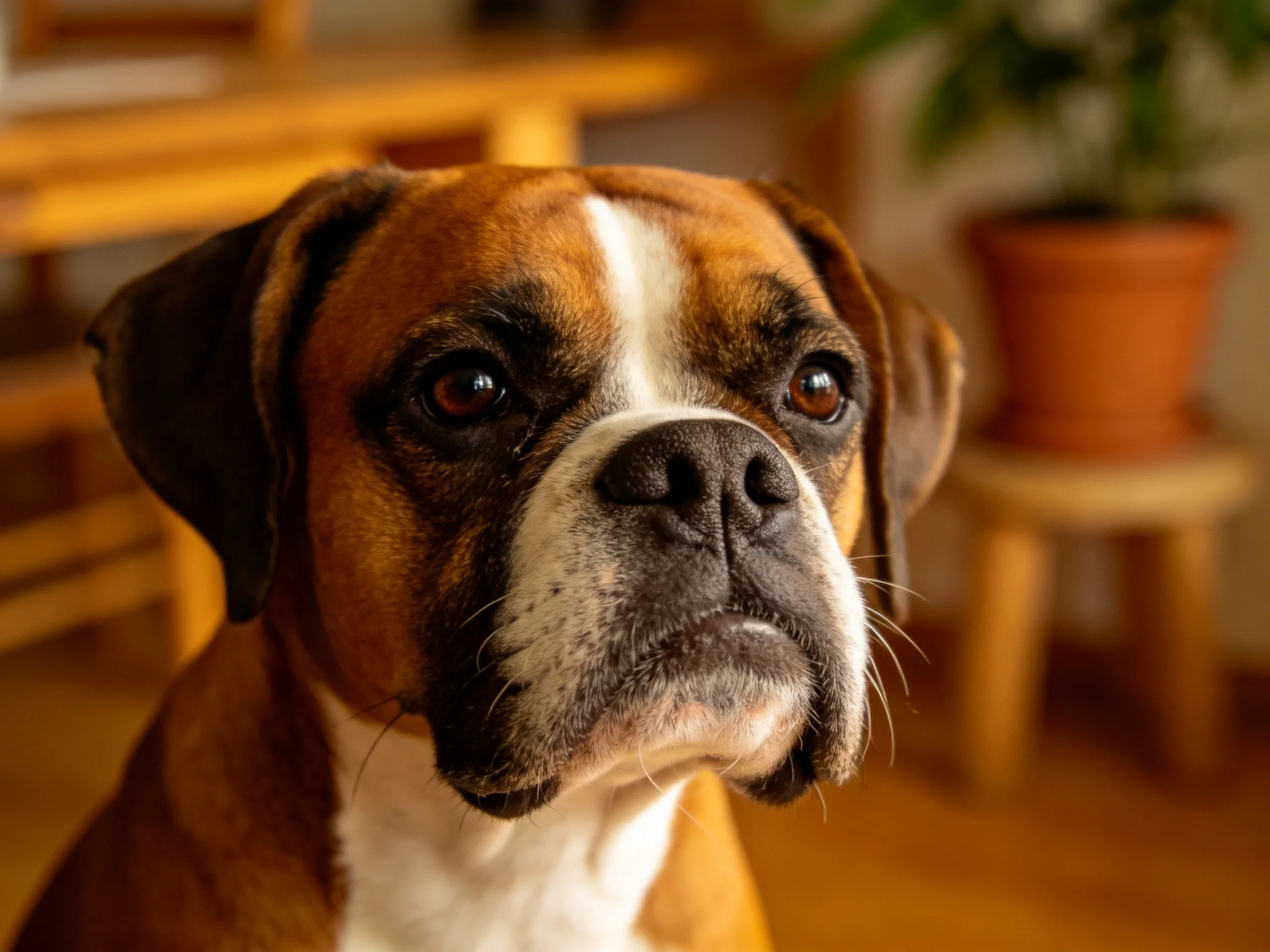 A brown and white boxer dog in a cozy indoor space with wooden furniture
