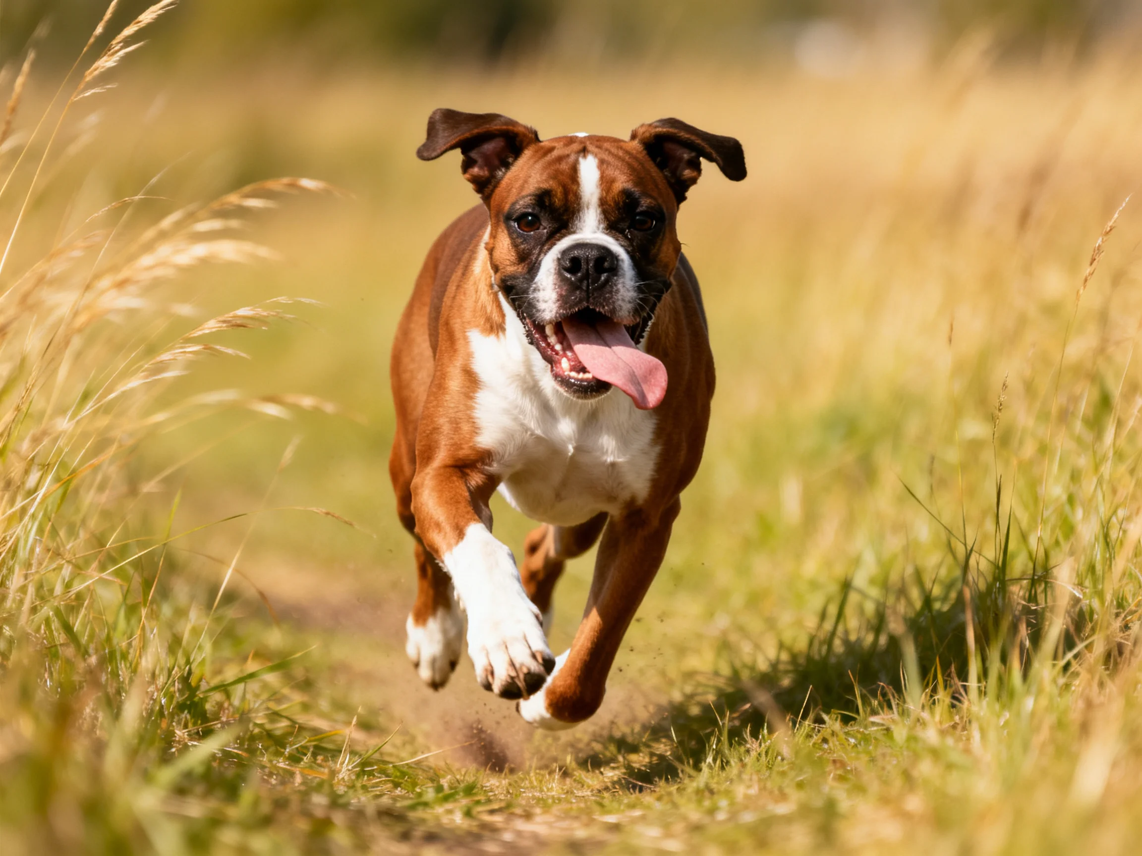 A brown and white boxer dog running throughtall golden grass