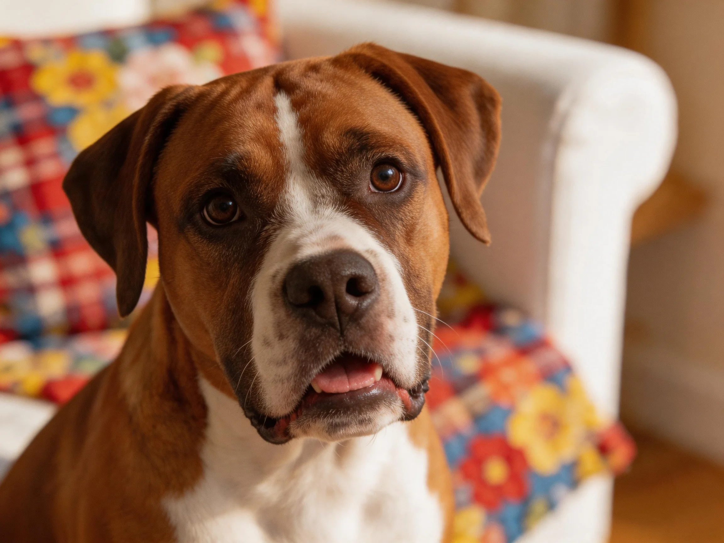 A brown and white boxer dog sits near vibrant floral-patterned cushions