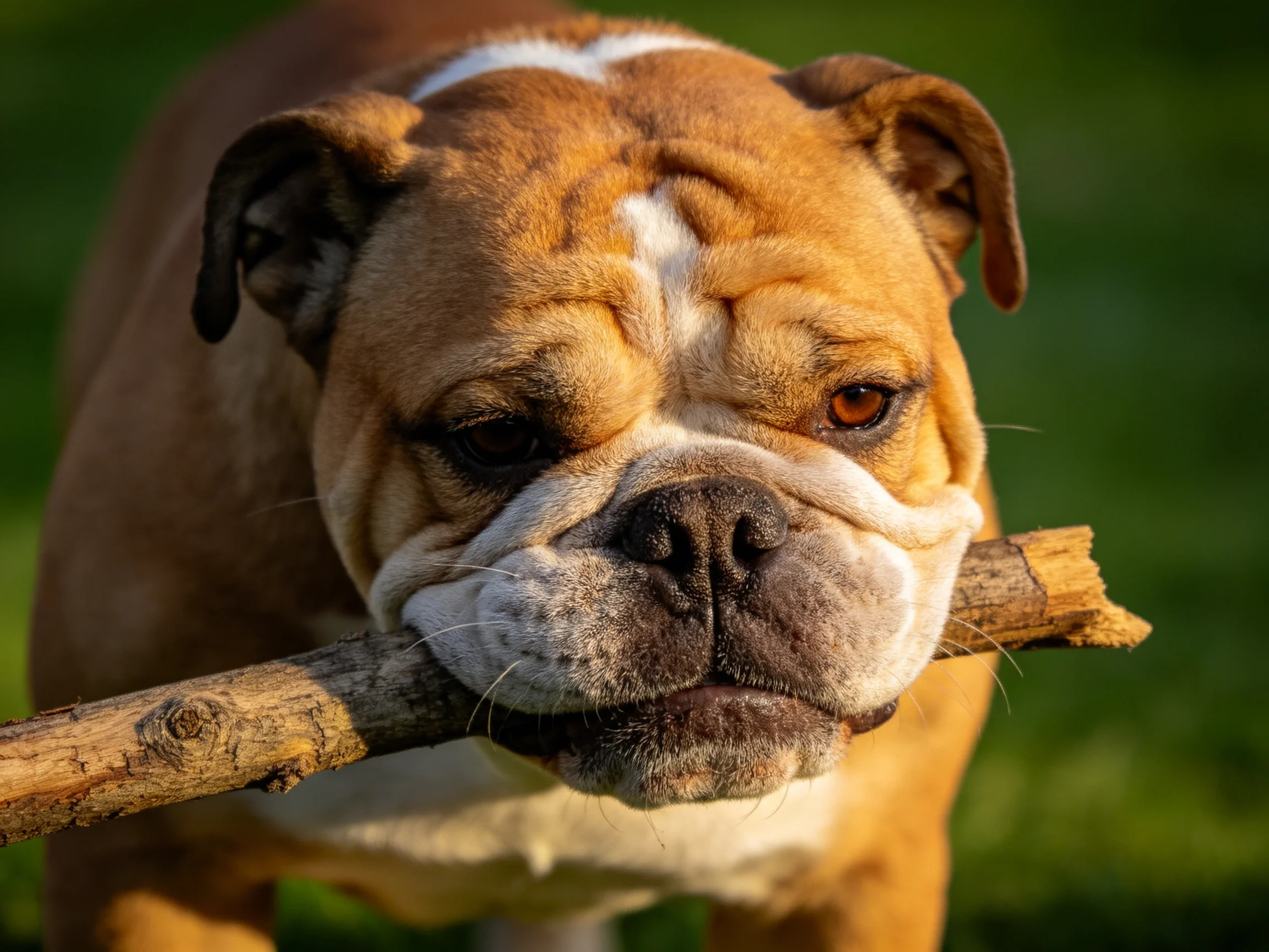 A brown and white bulldog carrying a thick wooden stick outdoors