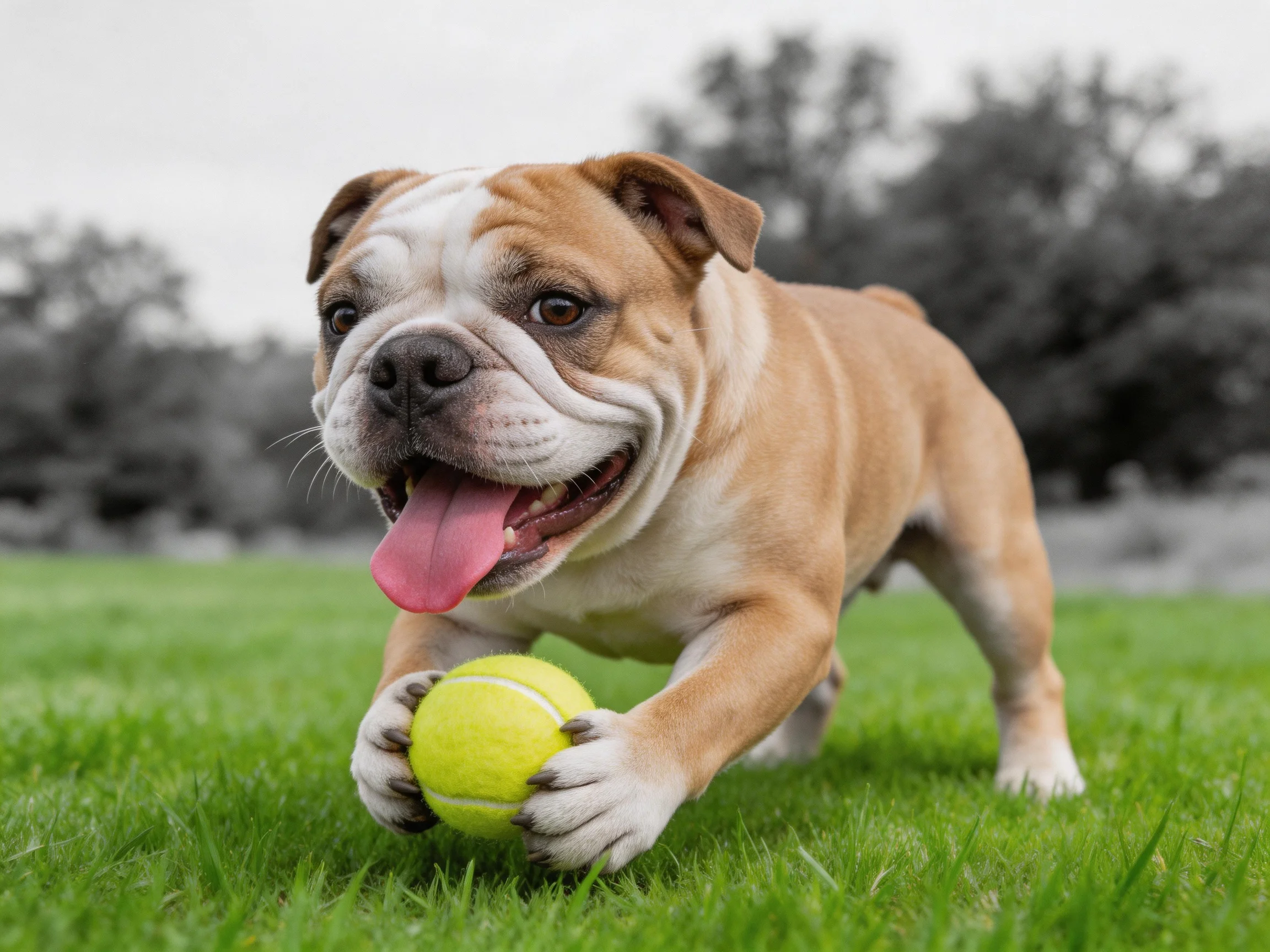 A brown and white bulldog carries a yellow tennis ball on grass.