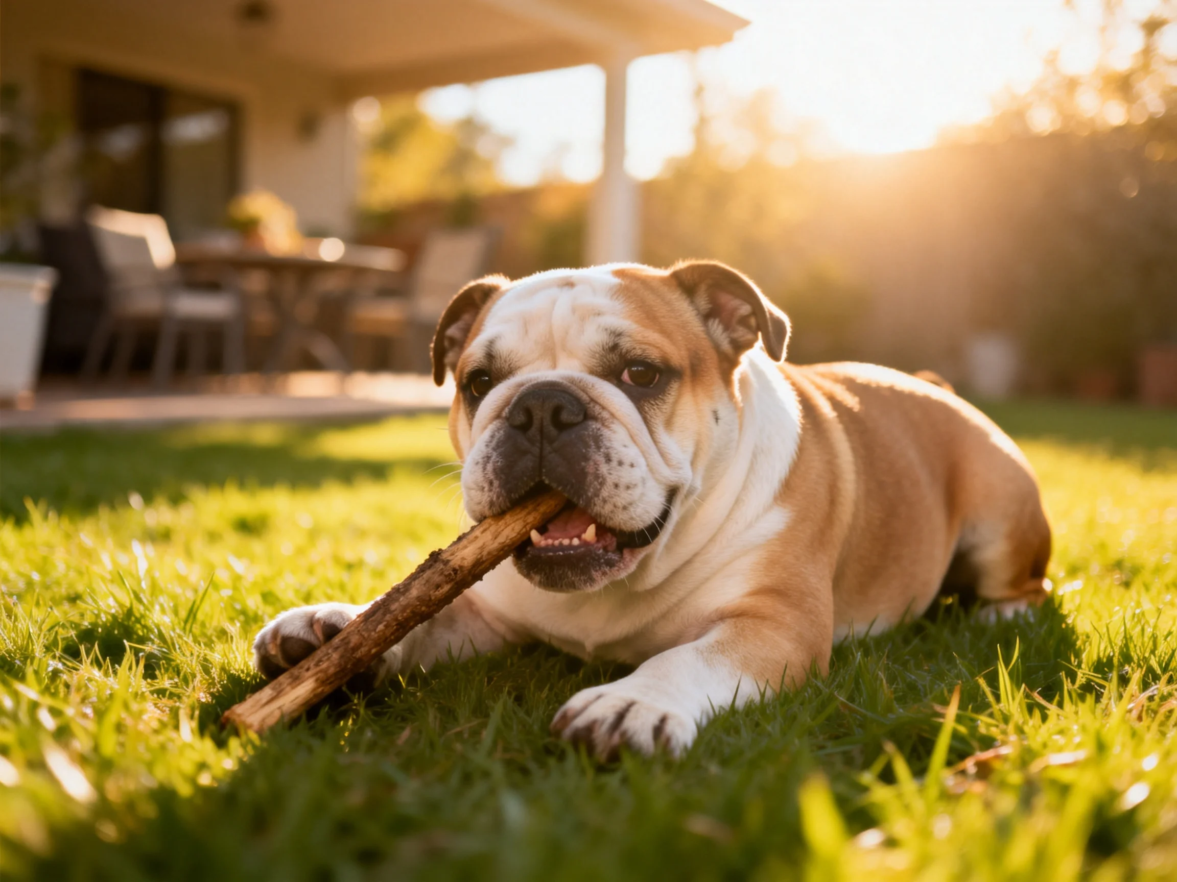 A brown and white bulldog chews a wooden stick on green grass in a sunlit backyard.