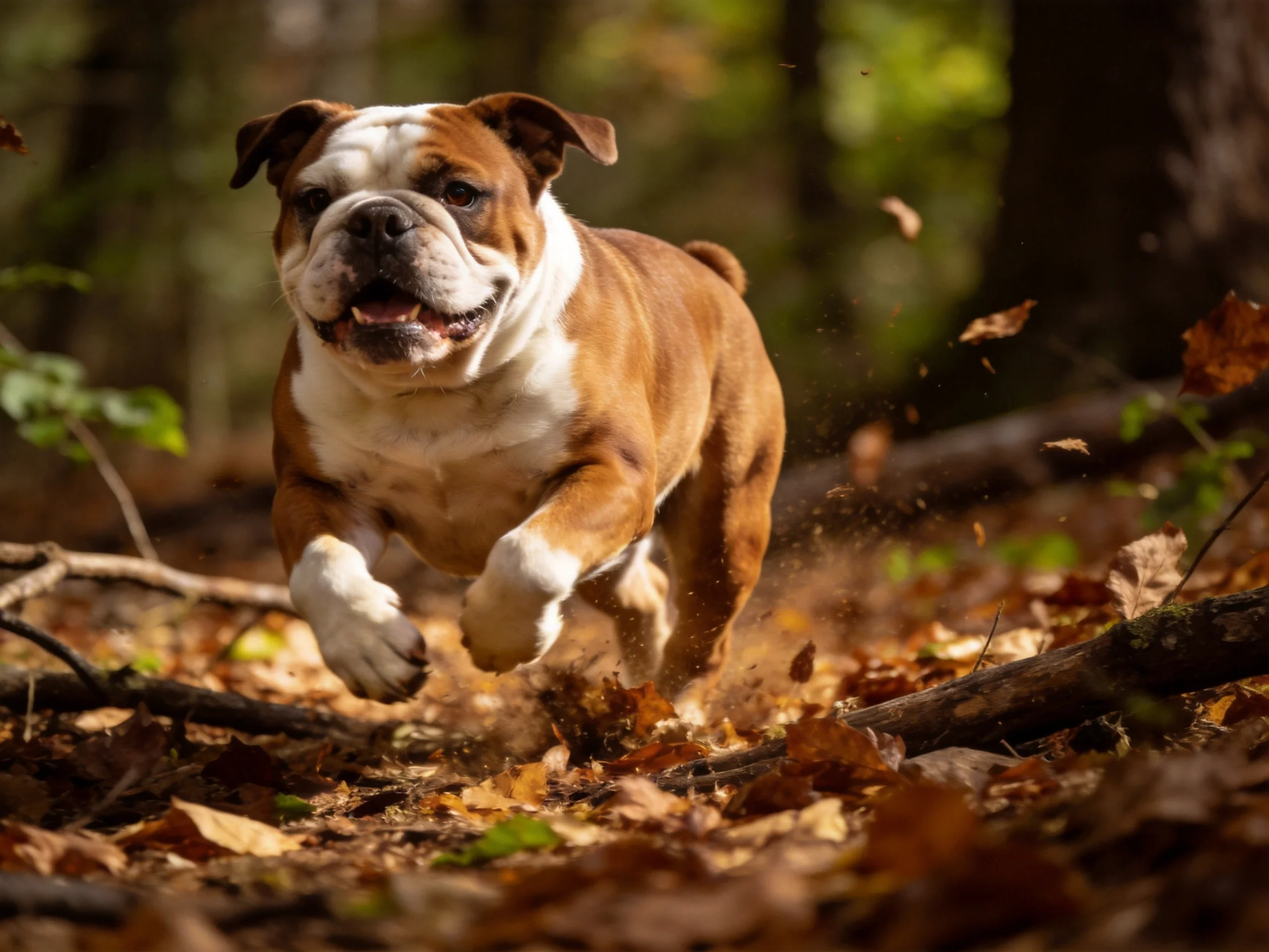 A brown and white bulldog dashes through fallen autumn leaves in a forest