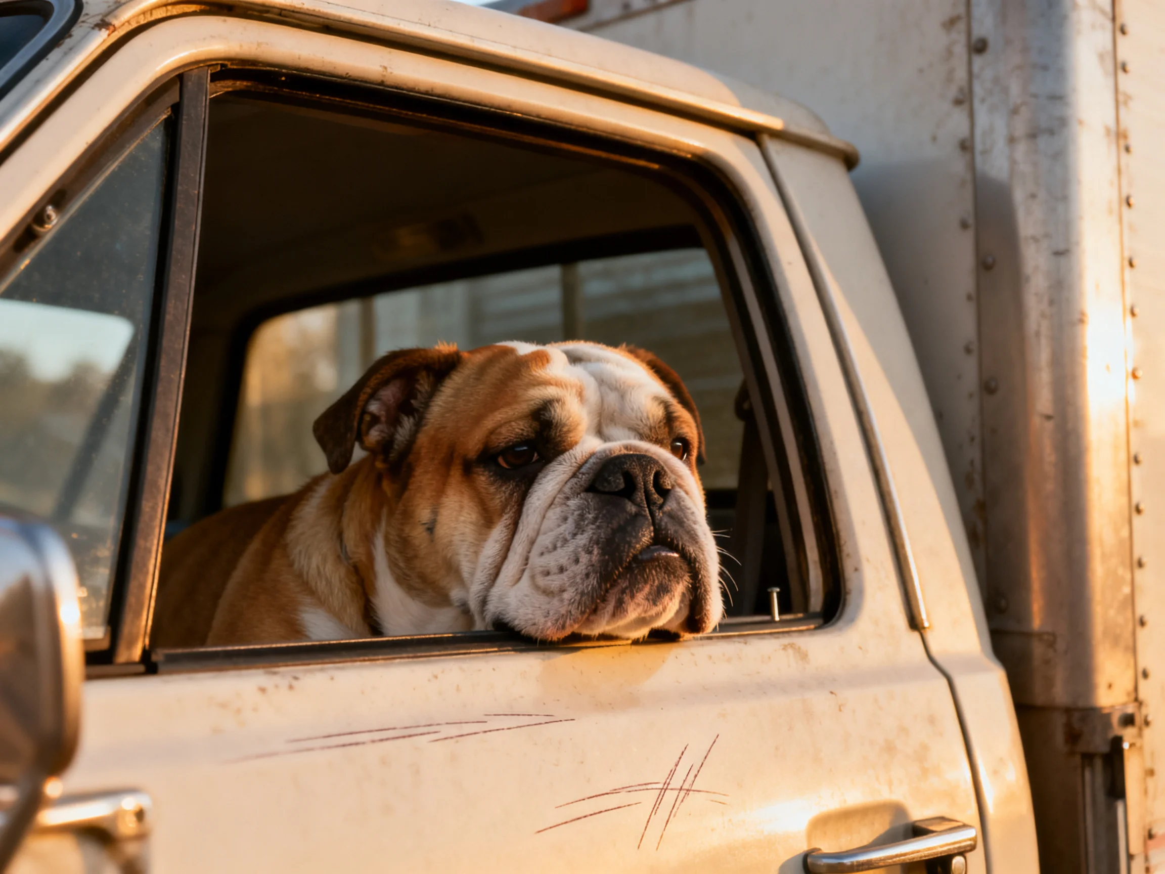 An English bulldog looks out from a vintage truck’s open window.
