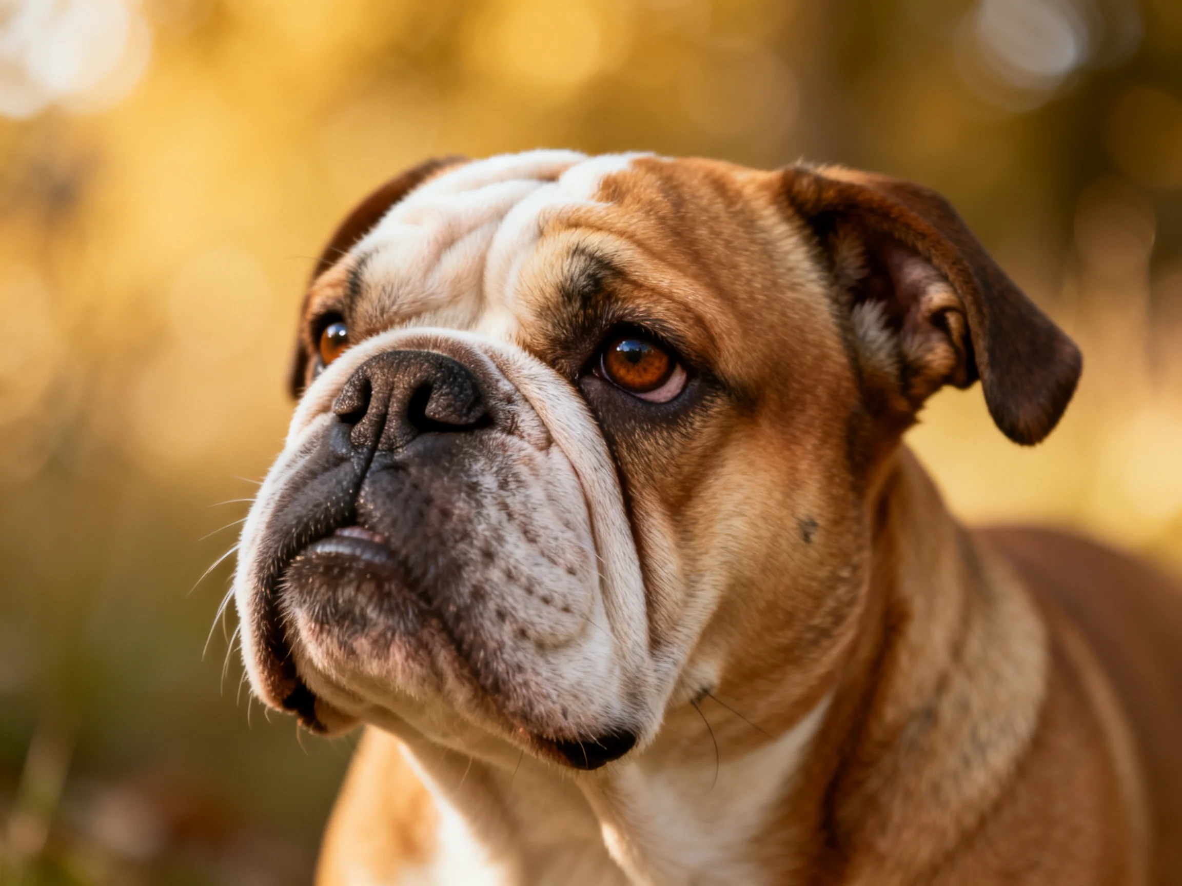 A brown and white bulldog looks contemplatively in a sunlit outdoor area.