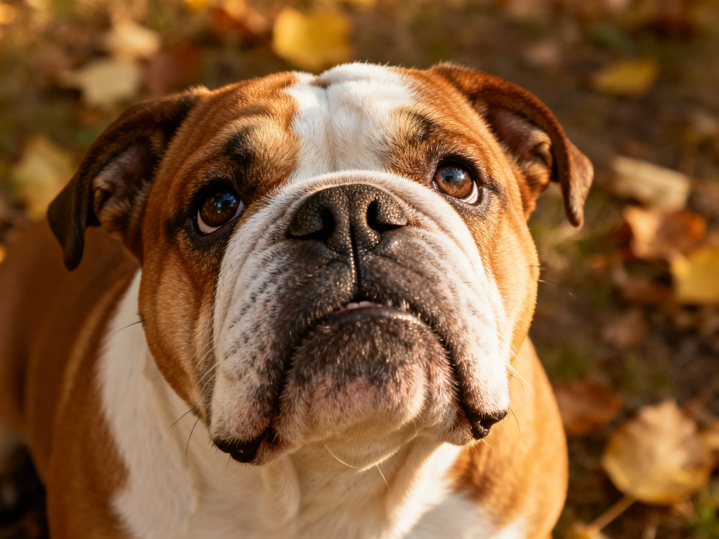 A brown and white bulldog looks upward near fallen autumn leaves.